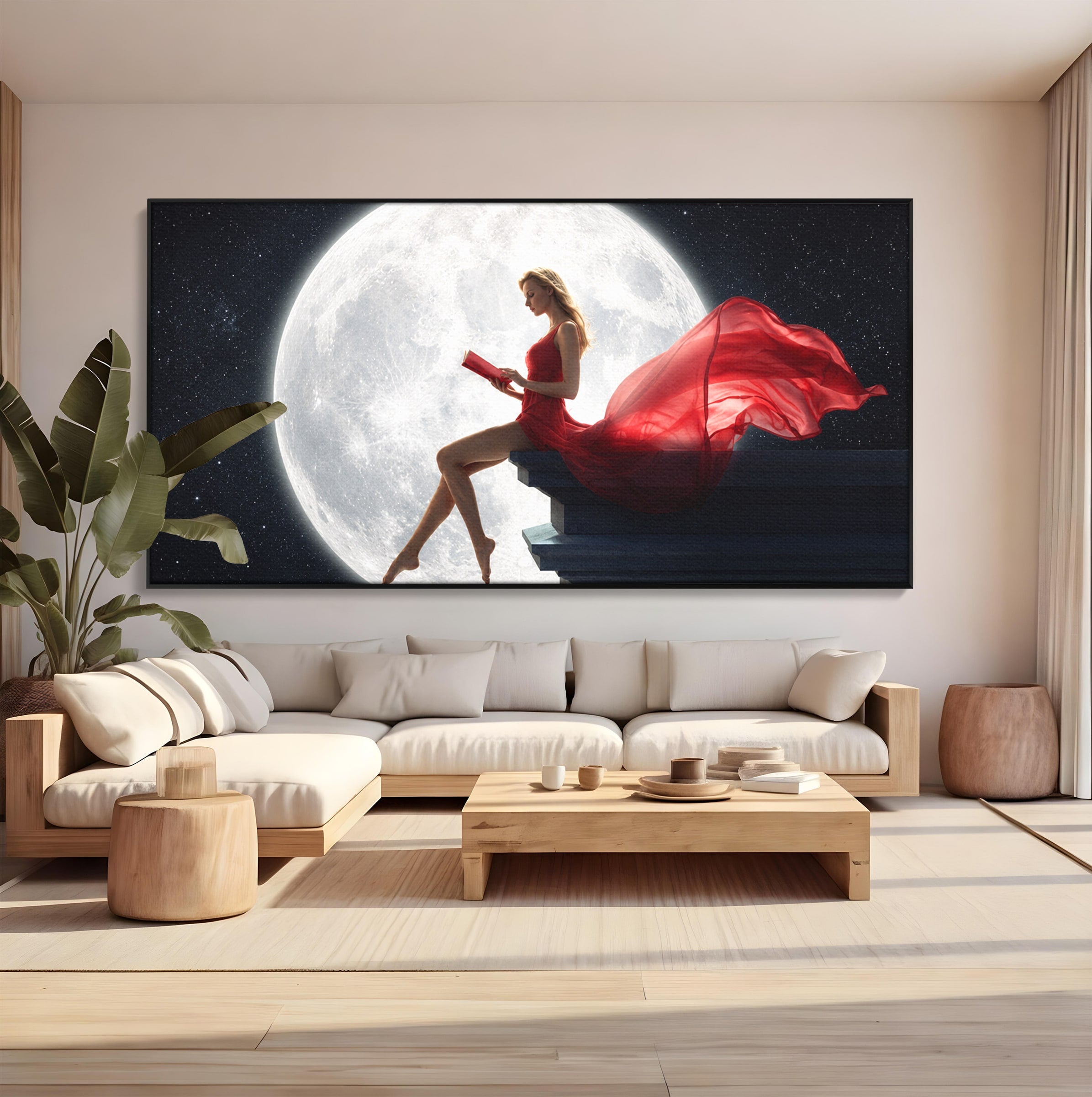 Tablou Canvas Premium LuxCanva® S1043, Femeie Citind Sub Luna Plina, Femeie, Luna, Citit, Noapte, Dormitor, Culori Vibrante