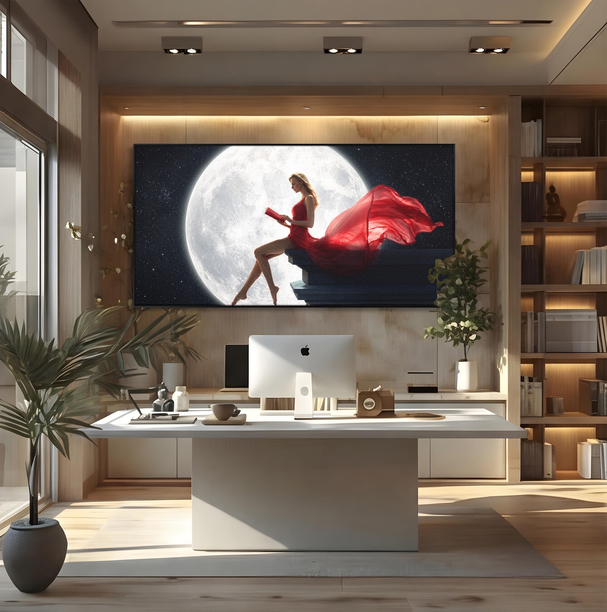 Tablou Canvas Premium LuxCanva® S1043, Femeie Citind Sub Luna Plina, Femeie, Luna, Citit, Noapte, Dormitor, Culori Vibrante