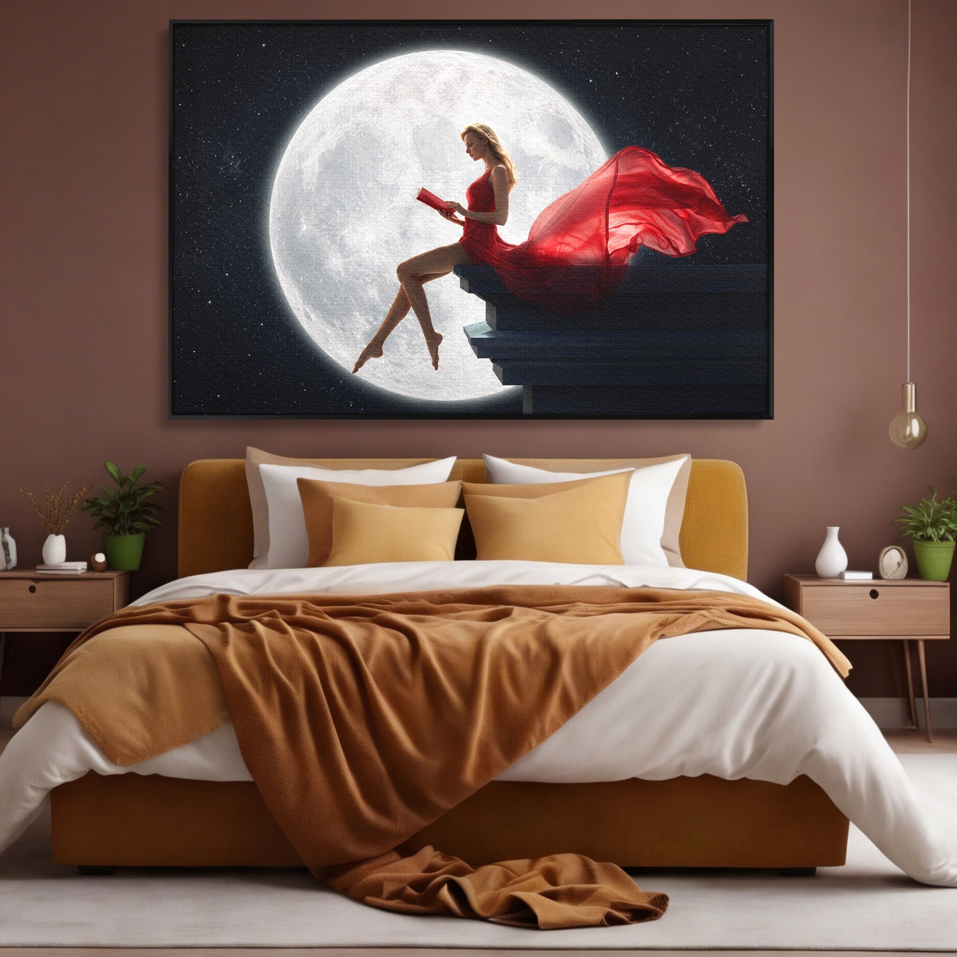 Tablou Canvas Premium LuxCanva® S1043, Femeie Citind Sub Luna Plina, Femeie, Luna, Citit, Noapte, Dormitor, Culori Vibrante