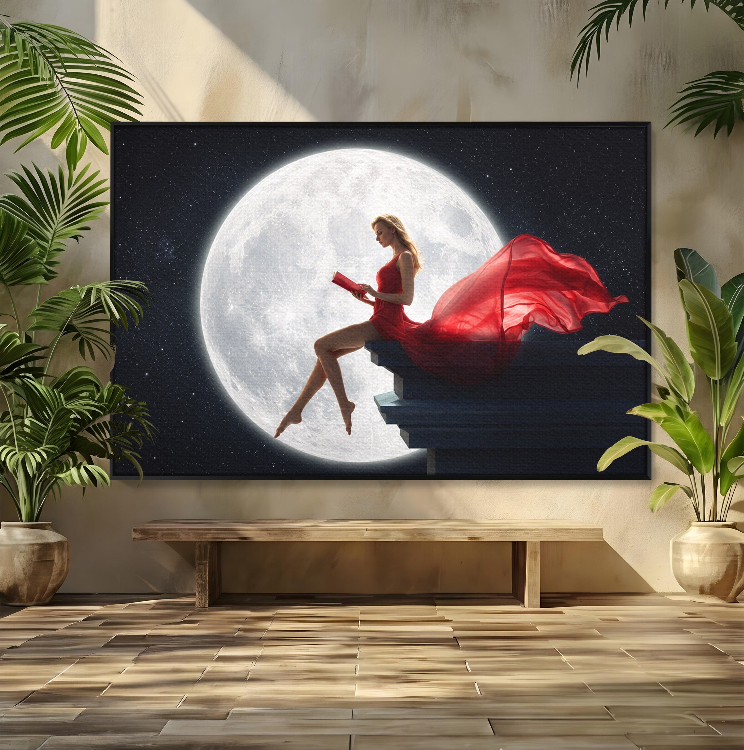 Tablou Canvas Premium LuxCanva® S1043, Femeie Citind Sub Luna Plina, Femeie, Luna, Citit, Noapte, Dormitor, Culori Vibrante