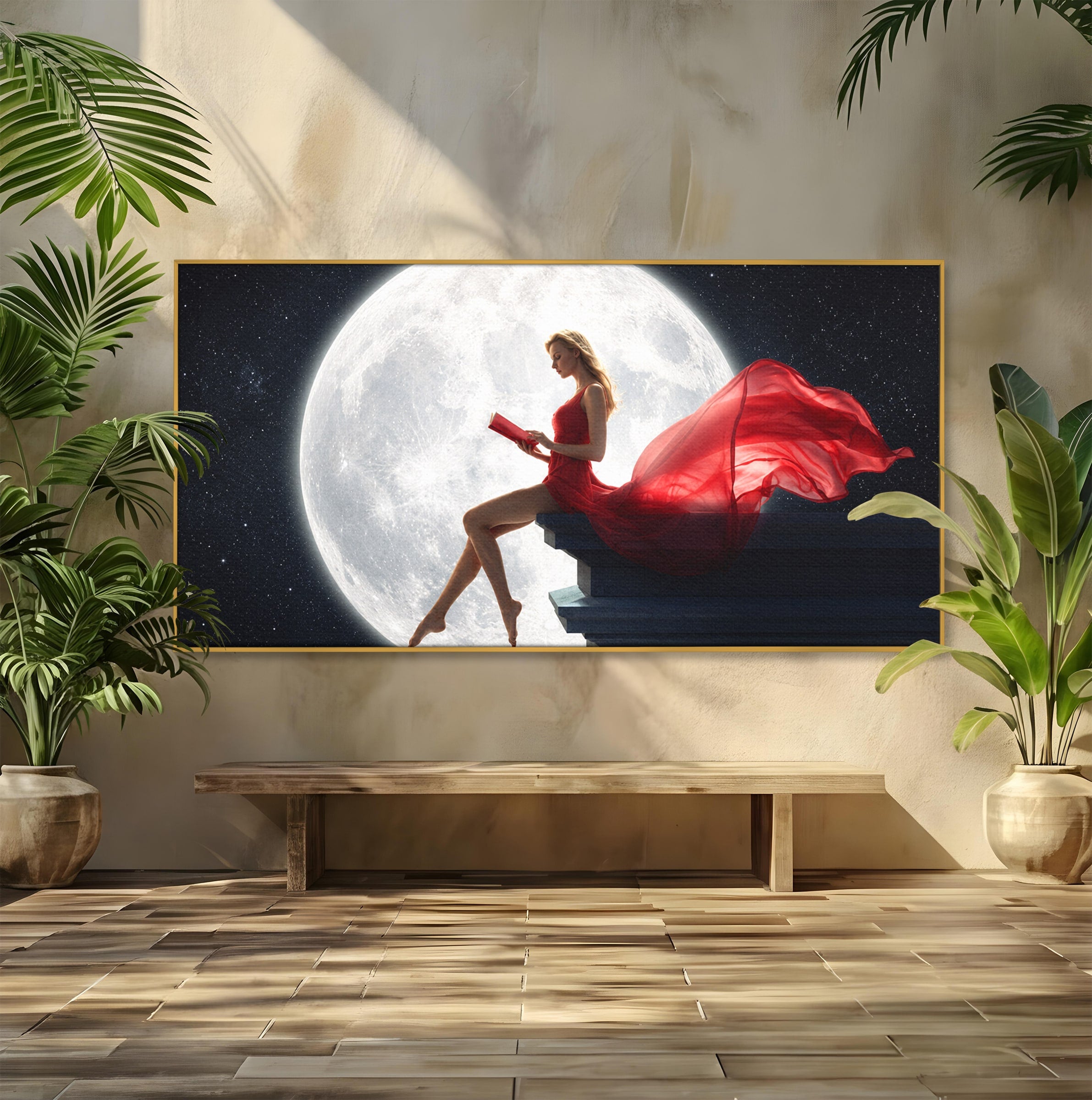 Tablou Canvas Premium LuxCanva® S1043, Femeie Citind Sub Luna Plina, Femeie, Luna, Citit, Noapte, Dormitor, Culori Vibrante
