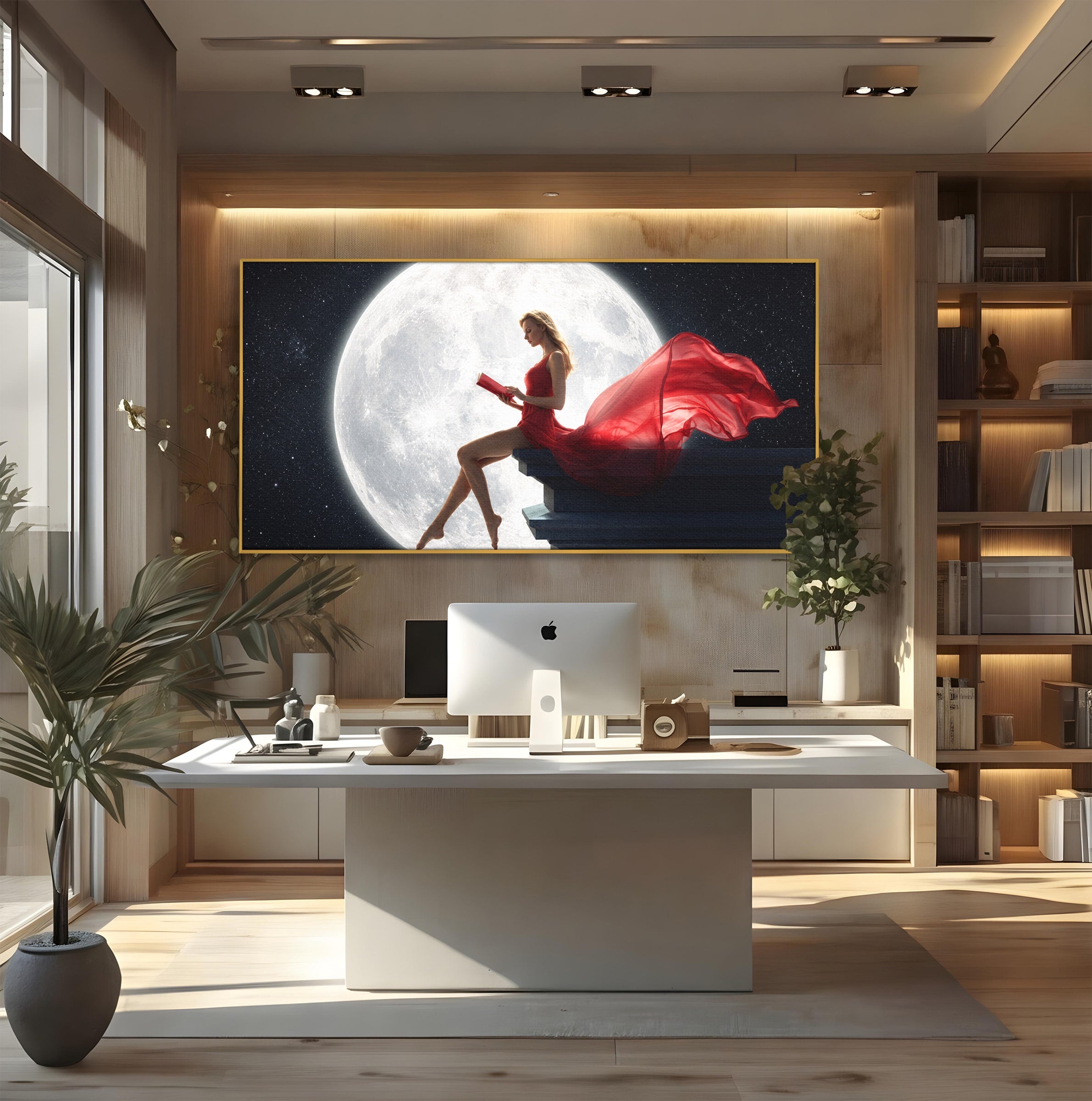 Tablou Canvas Premium LuxCanva® S1043, Femeie Citind Sub Luna Plina, Femeie, Luna, Citit, Noapte, Dormitor, Culori Vibrante