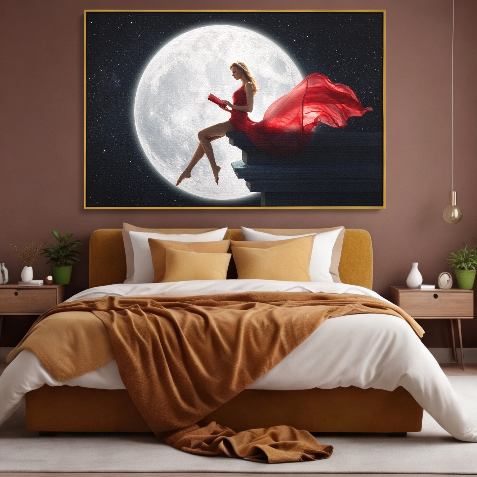 Tablou Canvas Premium LuxCanva® S1043, Femeie Citind Sub Luna Plina, Femeie, Luna, Citit, Noapte, Dormitor, Culori Vibrante