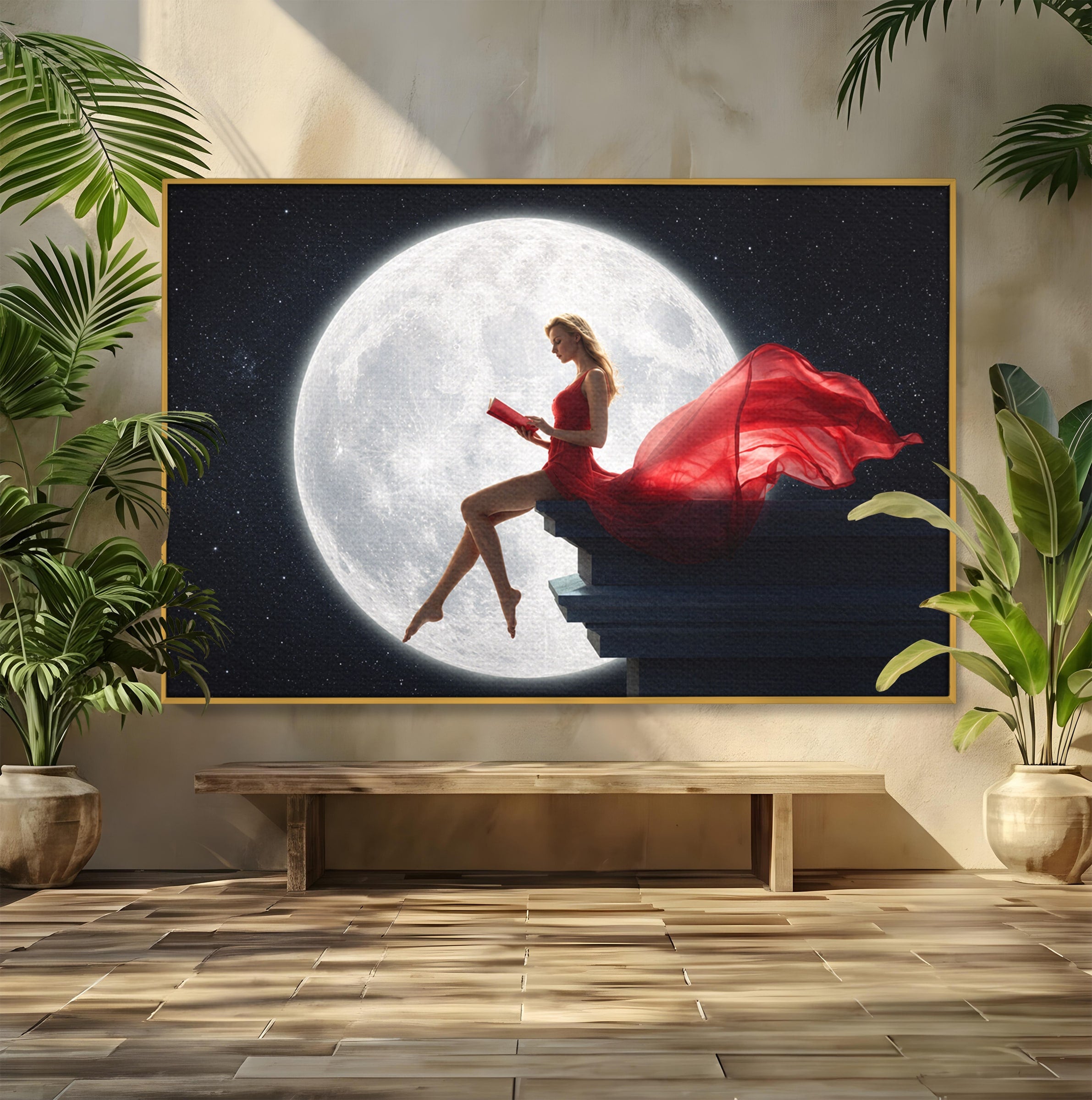 Tablou Canvas Premium LuxCanva® S1043, Femeie Citind Sub Luna Plina, Femeie, Luna, Citit, Noapte, Dormitor, Culori Vibrante