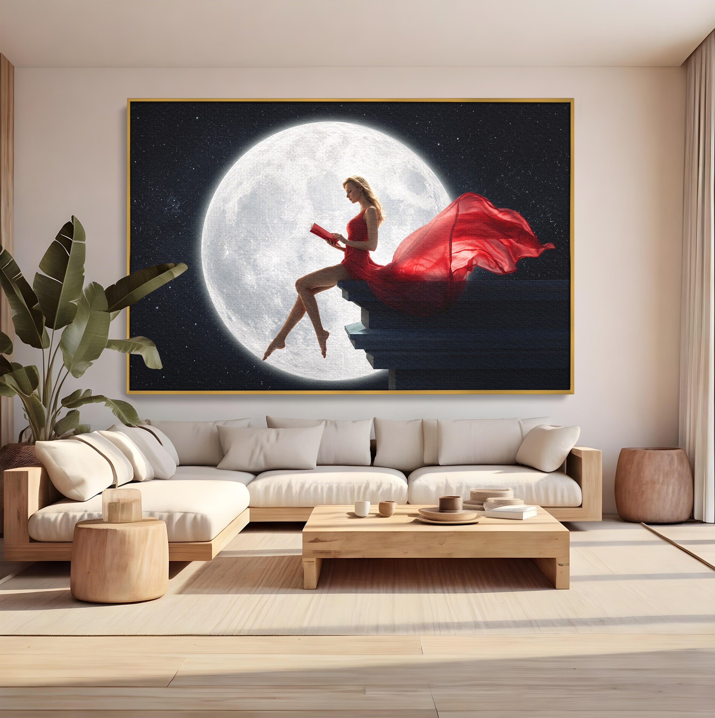 Tablou Canvas Premium LuxCanva® S1043, Femeie Citind Sub Luna Plina, Femeie, Luna, Citit, Noapte, Dormitor, Culori Vibrante