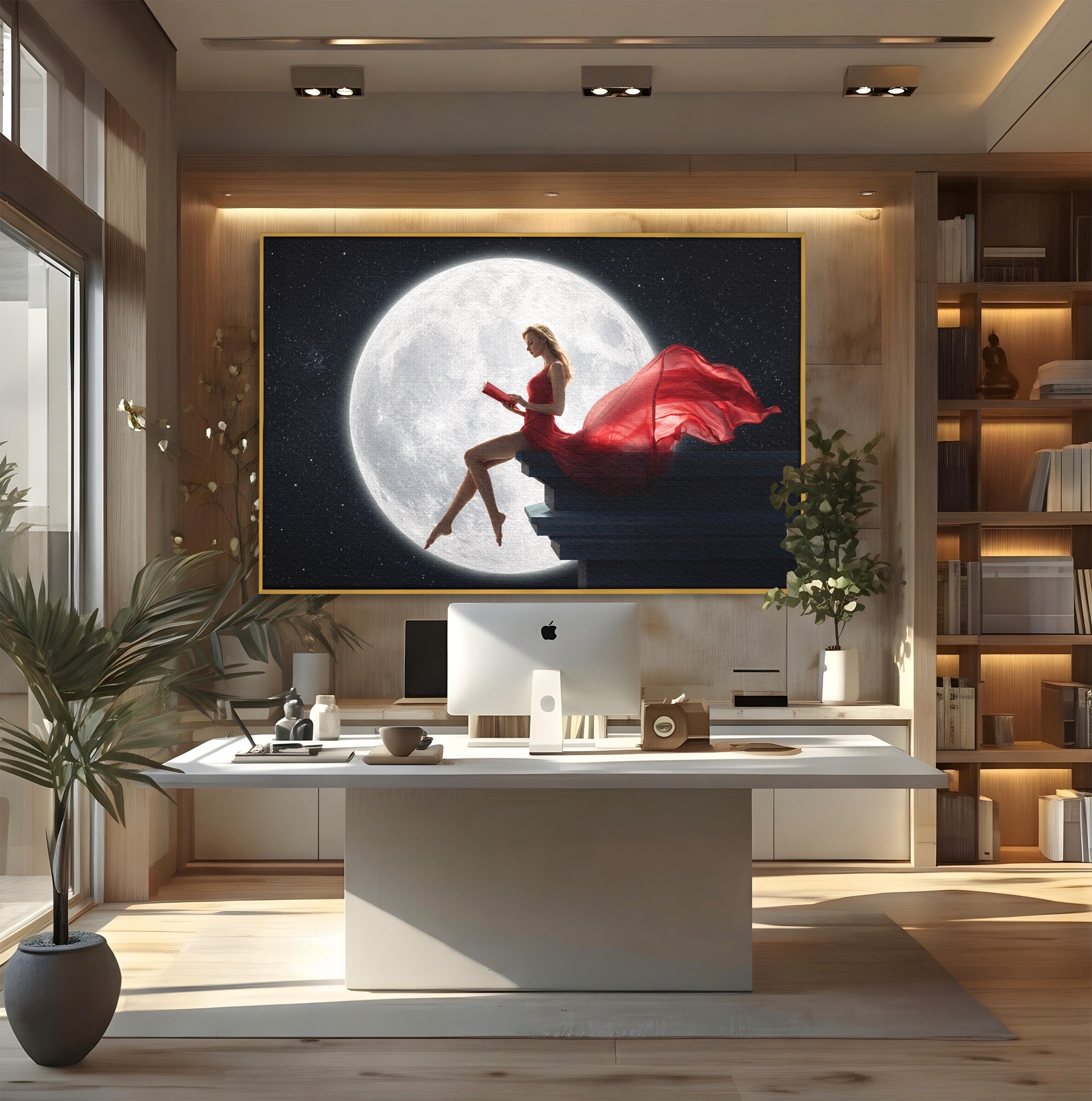 Tablou Canvas Premium LuxCanva® S1043, Femeie Citind Sub Luna Plina, Femeie, Luna, Citit, Noapte, Dormitor, Culori Vibrante