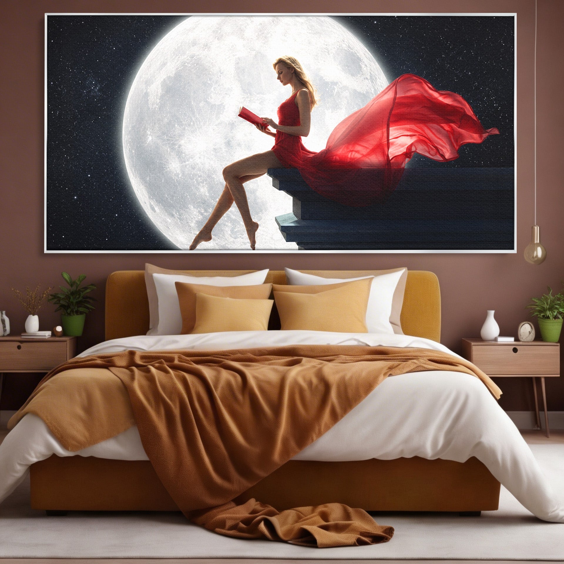 Tablou Canvas Premium LuxCanva® S1043, Femeie Citind Sub Luna Plina, Femeie, Luna, Citit, Noapte, Dormitor, Culori Vibrante