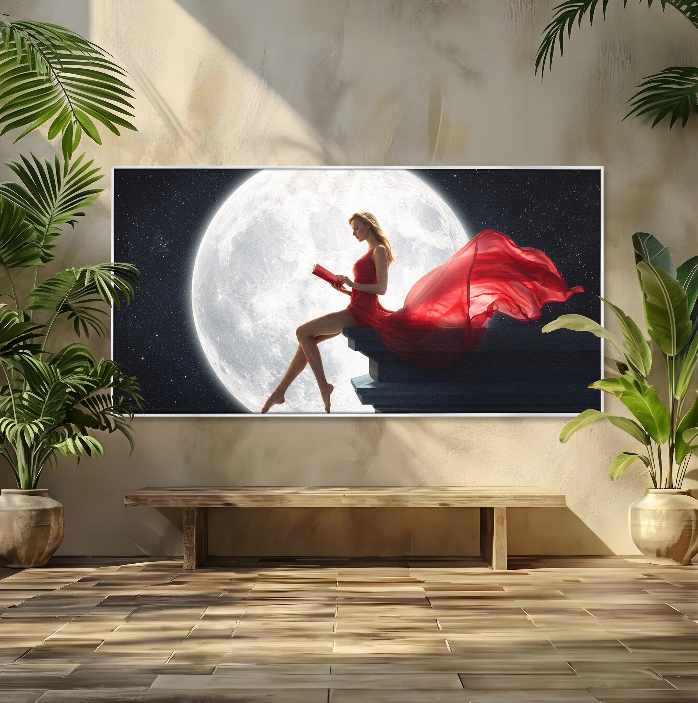 Tablou Canvas Premium LuxCanva® S1043, Femeie Citind Sub Luna Plina, Femeie, Luna, Citit, Noapte, Dormitor, Culori Vibrante
