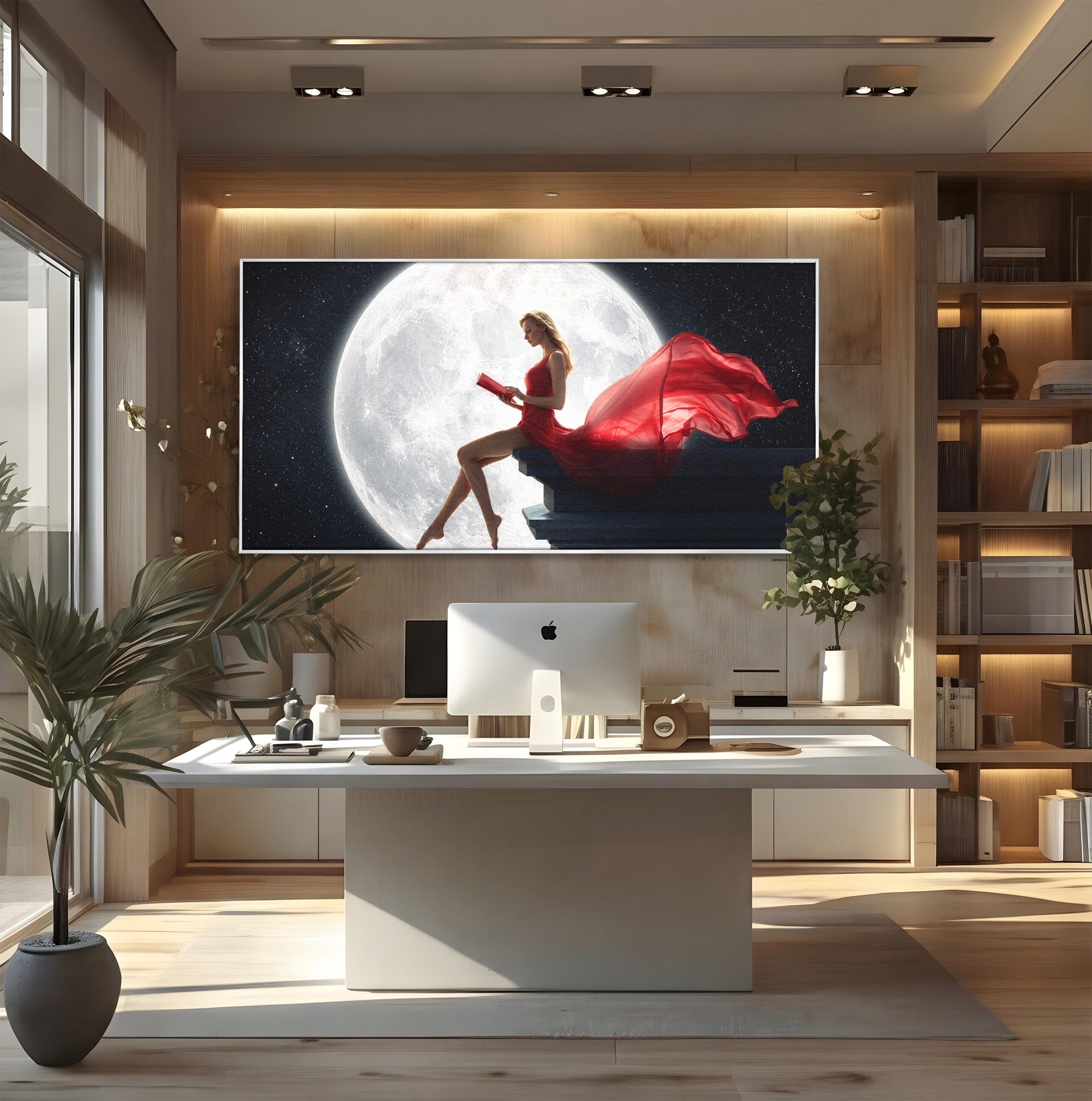 Tablou Canvas Premium LuxCanva® S1043, Femeie Citind Sub Luna Plina, Femeie, Luna, Citit, Noapte, Dormitor, Culori Vibrante