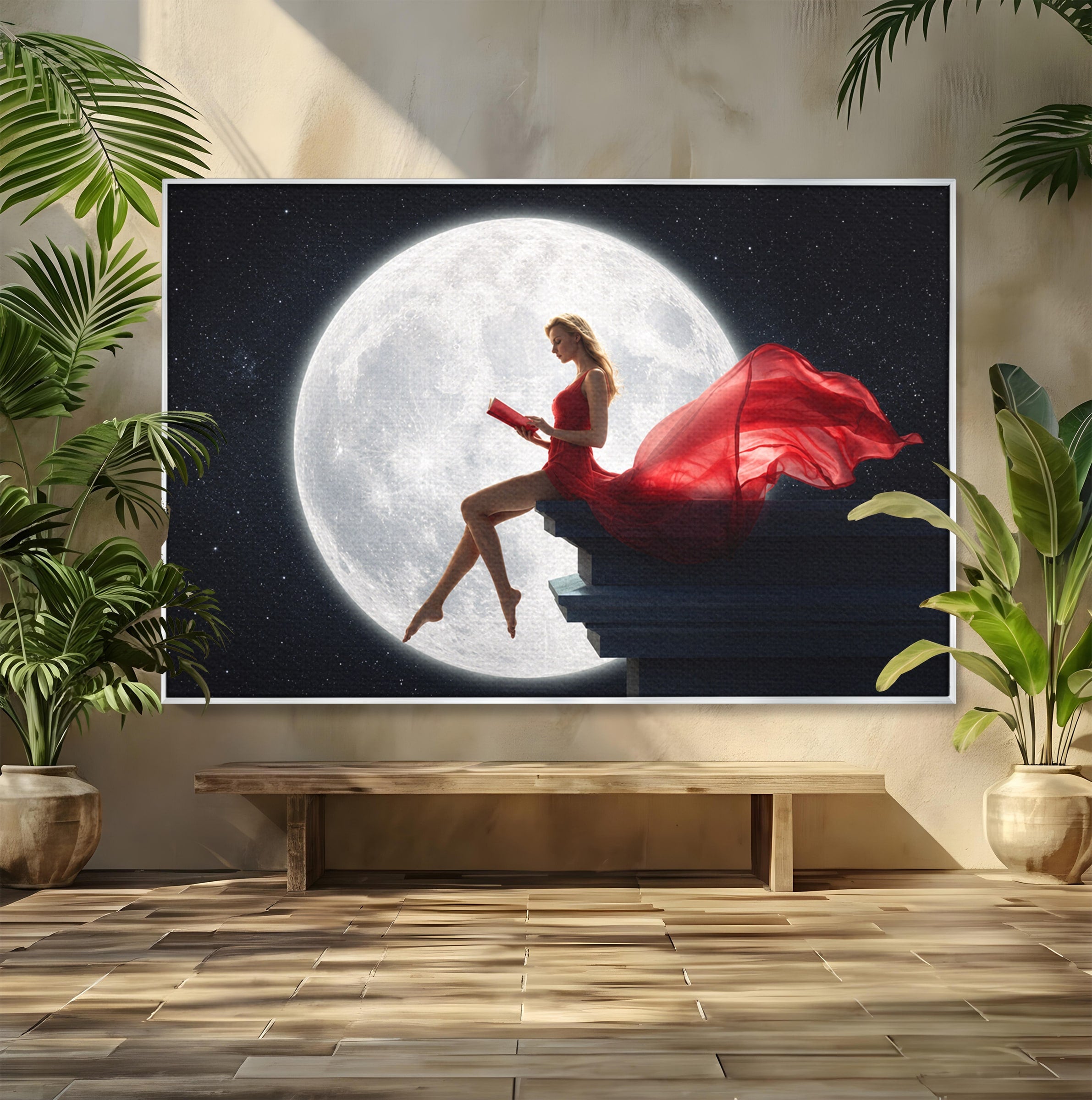 Tablou Canvas Premium LuxCanva® S1043, Femeie Citind Sub Luna Plina, Femeie, Luna, Citit, Noapte, Dormitor, Culori Vibrante