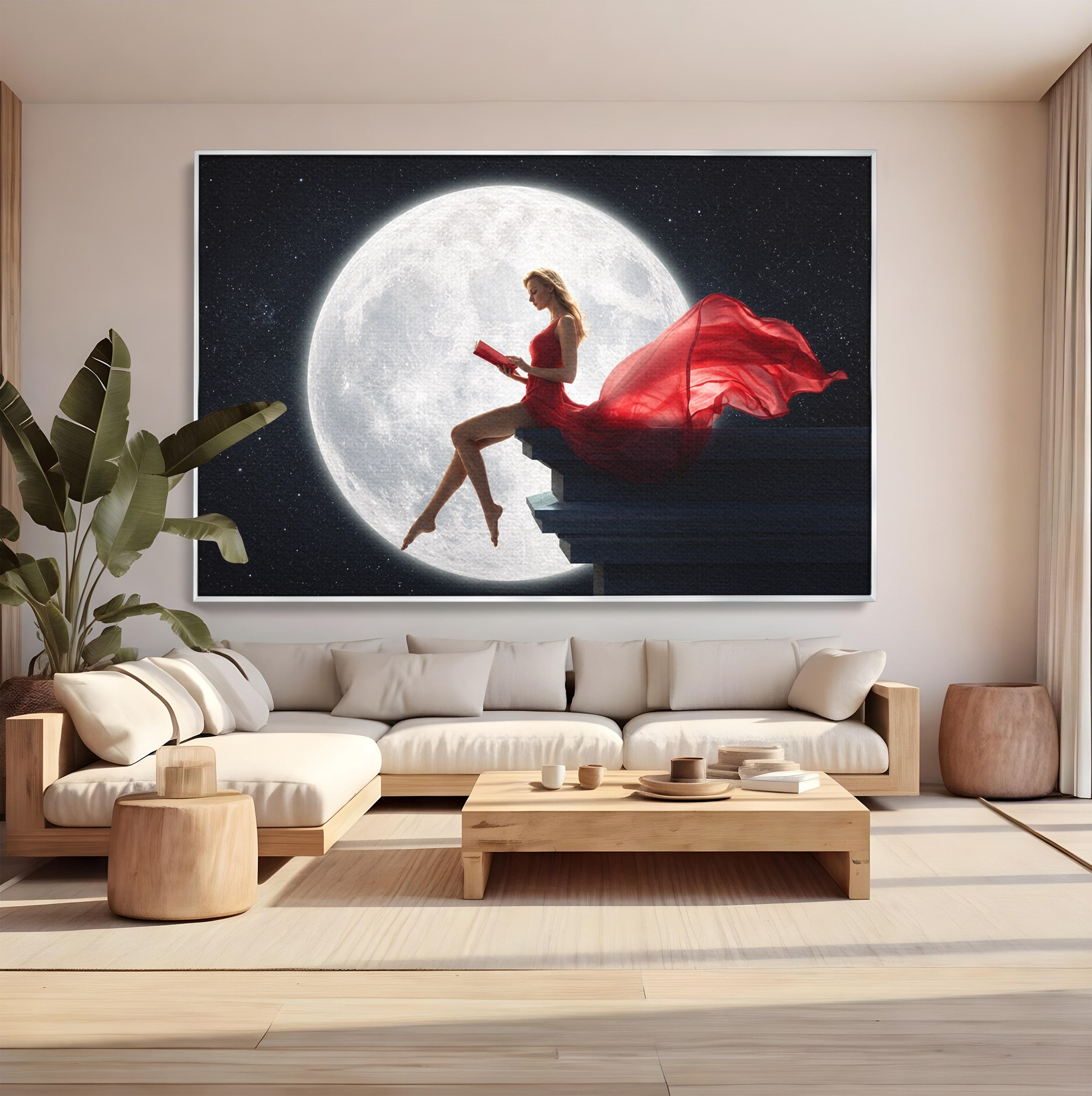 Tablou Canvas Premium LuxCanva® S1043, Femeie Citind Sub Luna Plina, Femeie, Luna, Citit, Noapte, Dormitor, Culori Vibrante