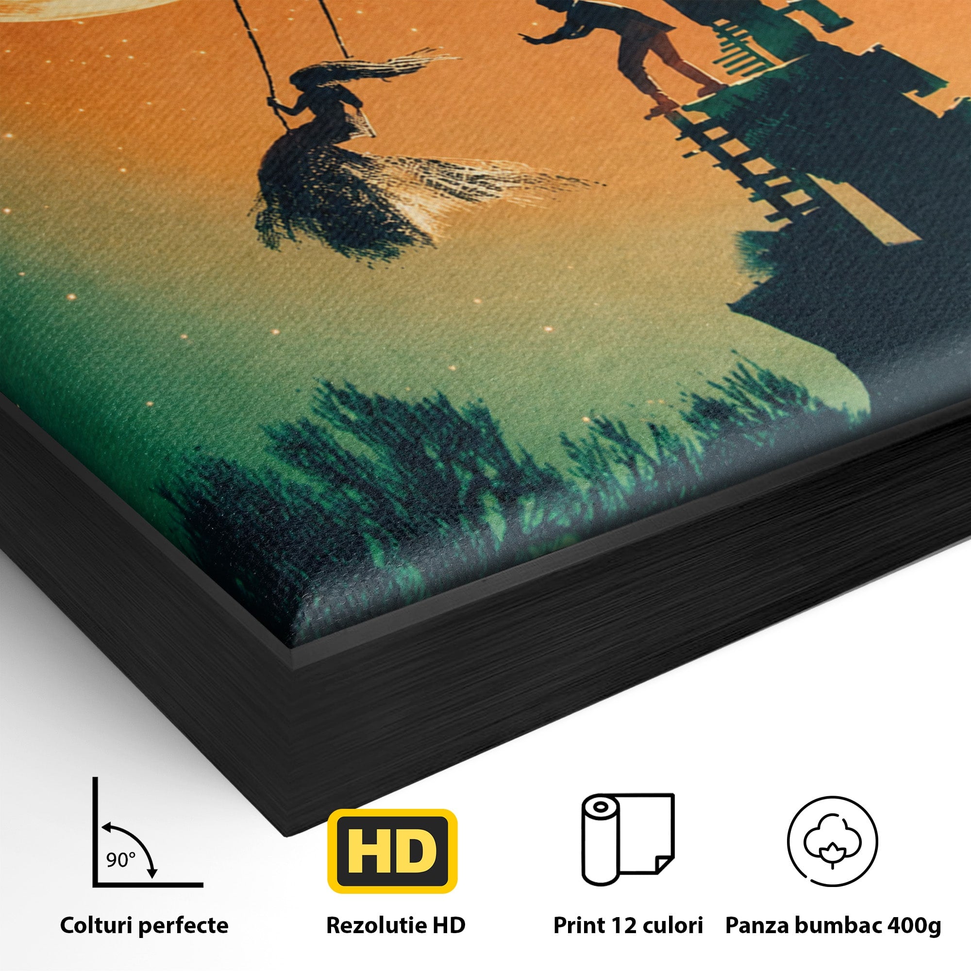 Tablou Canvas Premium LuxCanva® S1044, Balansoar Sub Luna Plina, Balansoar, Luna, Copac, Noapte, Living, Culori Vibrante