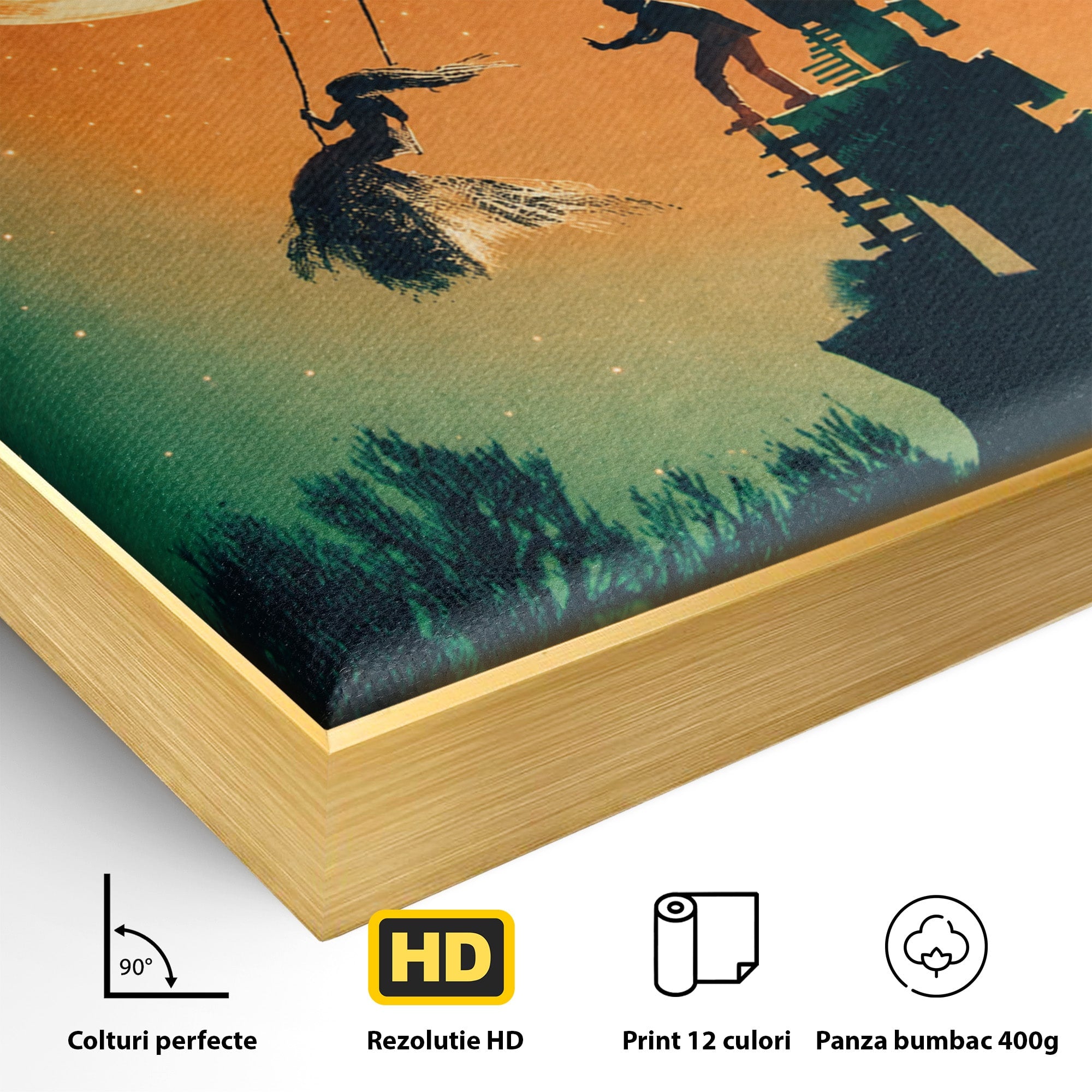 Tablou Canvas Premium LuxCanva® S1044, Balansoar Sub Luna Plina, Balansoar, Luna, Copac, Noapte, Living, Culori Vibrante