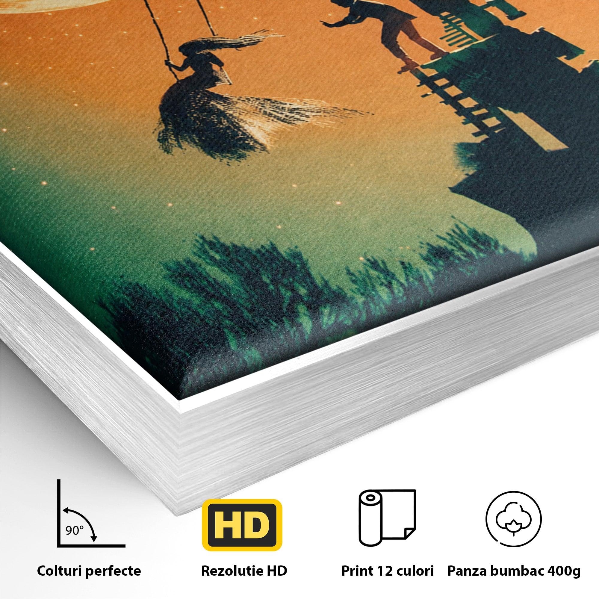 Tablou Canvas Premium LuxCanva® S1044, Balansoar Sub Luna Plina, Balansoar, Luna, Copac, Noapte, Living, Culori Vibrante