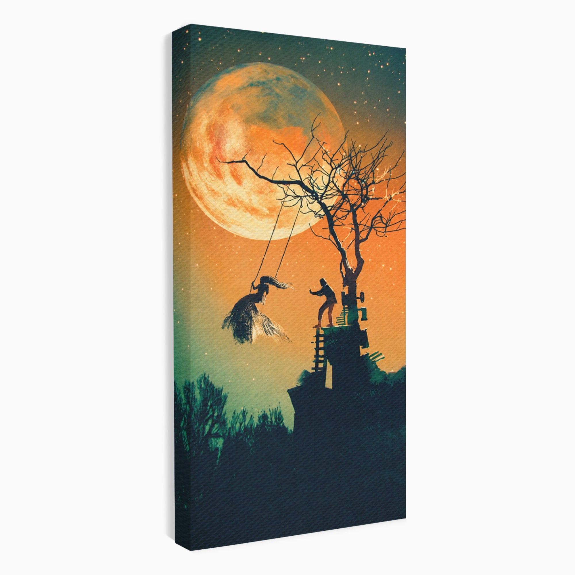 Tablou Canvas Premium LuxCanva® S1044, Balansoar Sub Luna Plina, Balansoar, Luna, Copac, Noapte, Living, Culori Vibrante