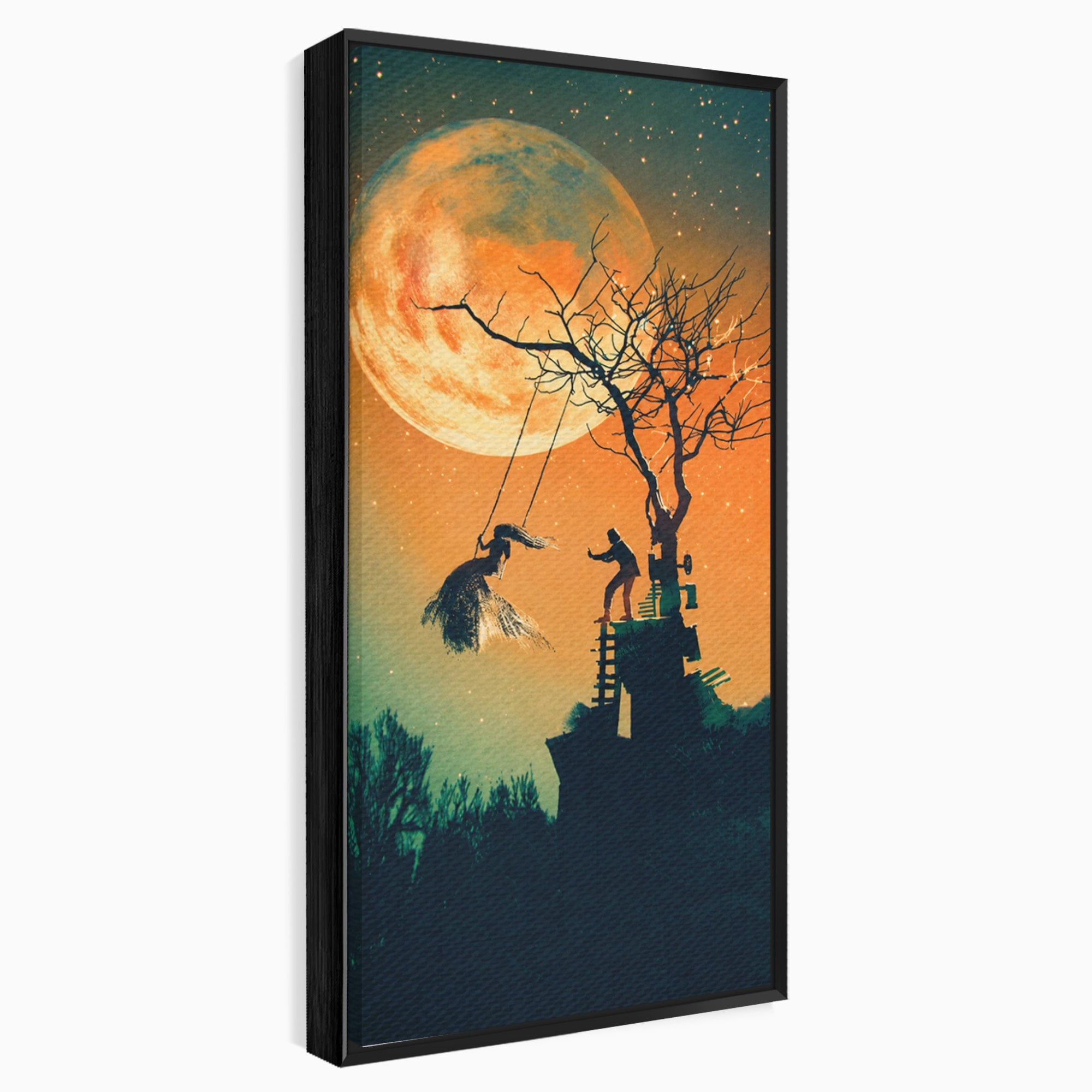 Tablou Canvas Premium LuxCanva® S1044, Balansoar Sub Luna Plina, Balansoar, Luna, Copac, Noapte, Living, Culori Vibrante