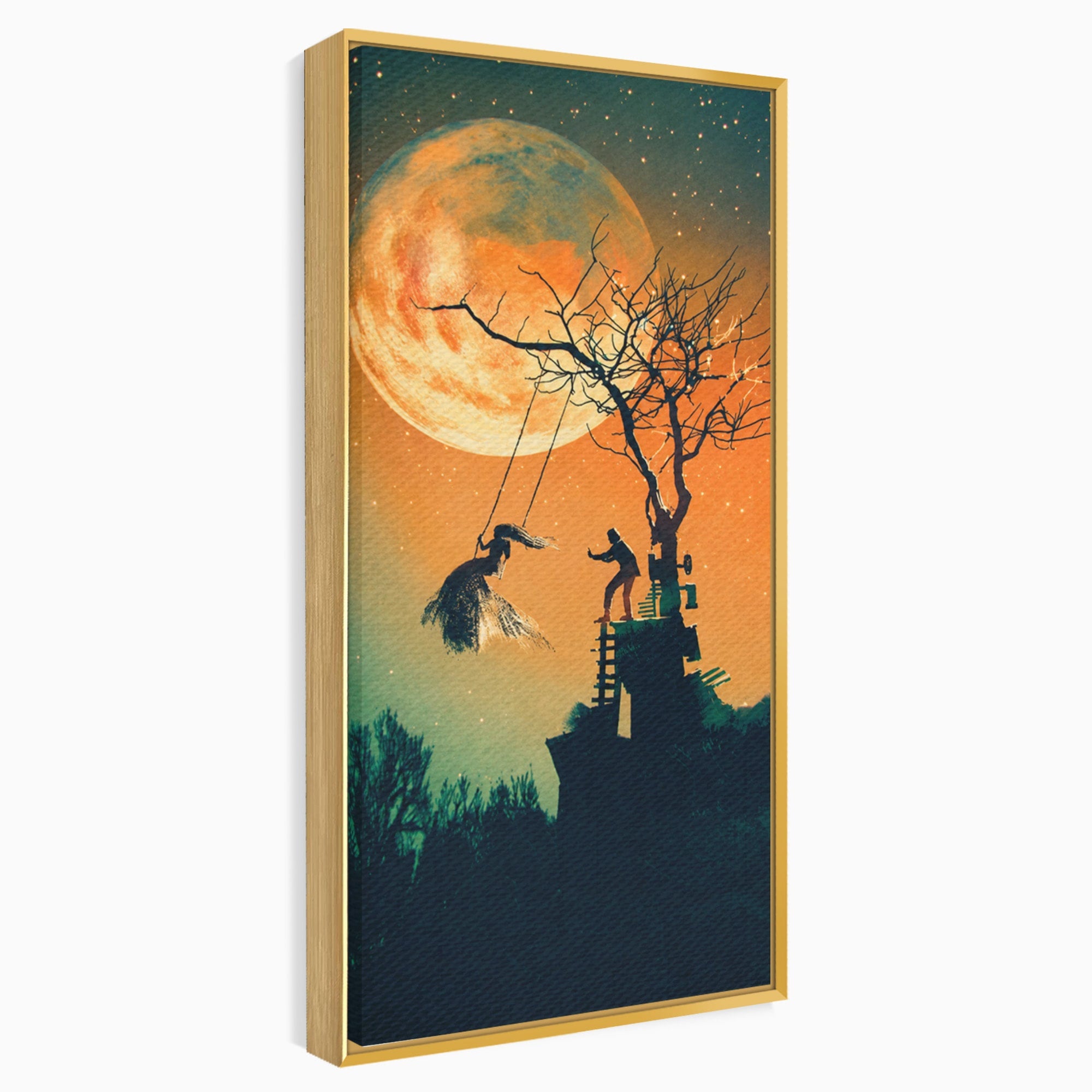 Tablou Canvas Premium LuxCanva® S1044, Balansoar Sub Luna Plina, Balansoar, Luna, Copac, Noapte, Living, Culori Vibrante