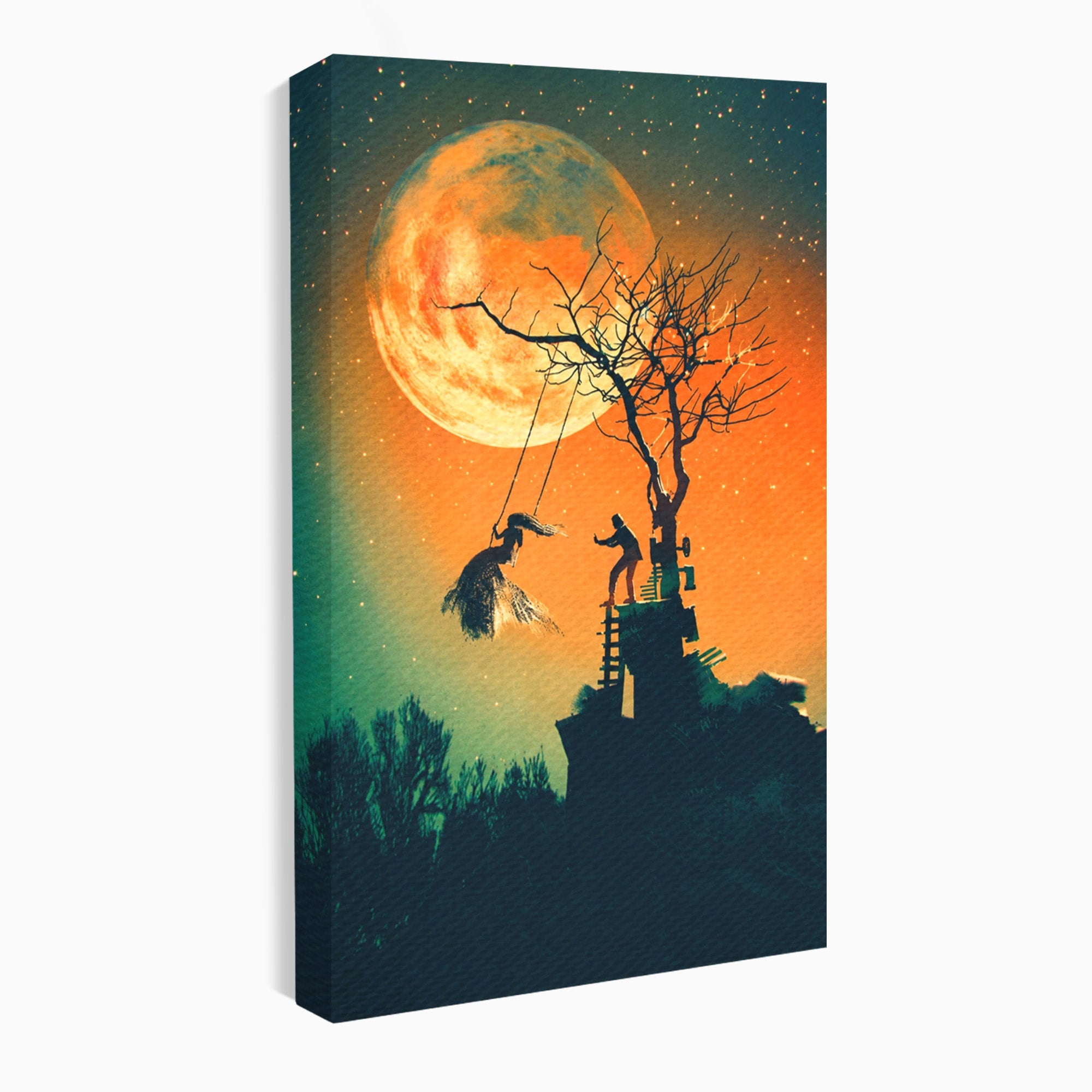 Tablou Canvas Premium LuxCanva® S1044, Balansoar Sub Luna Plina, Balansoar, Luna, Copac, Noapte, Living, Culori Vibrante