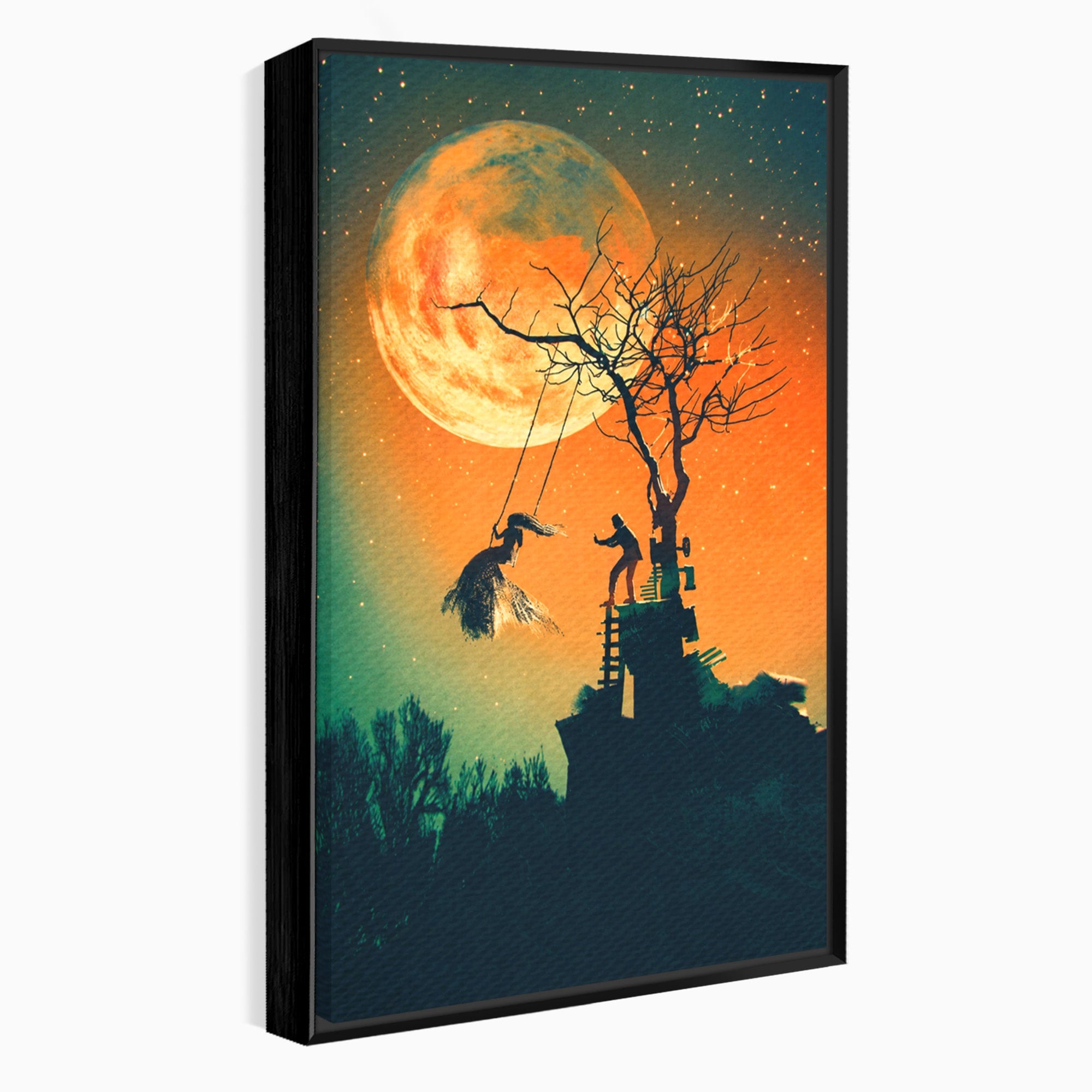 Tablou Canvas Premium LuxCanva® S1044, Balansoar Sub Luna Plina, Balansoar, Luna, Copac, Noapte, Living, Culori Vibrante