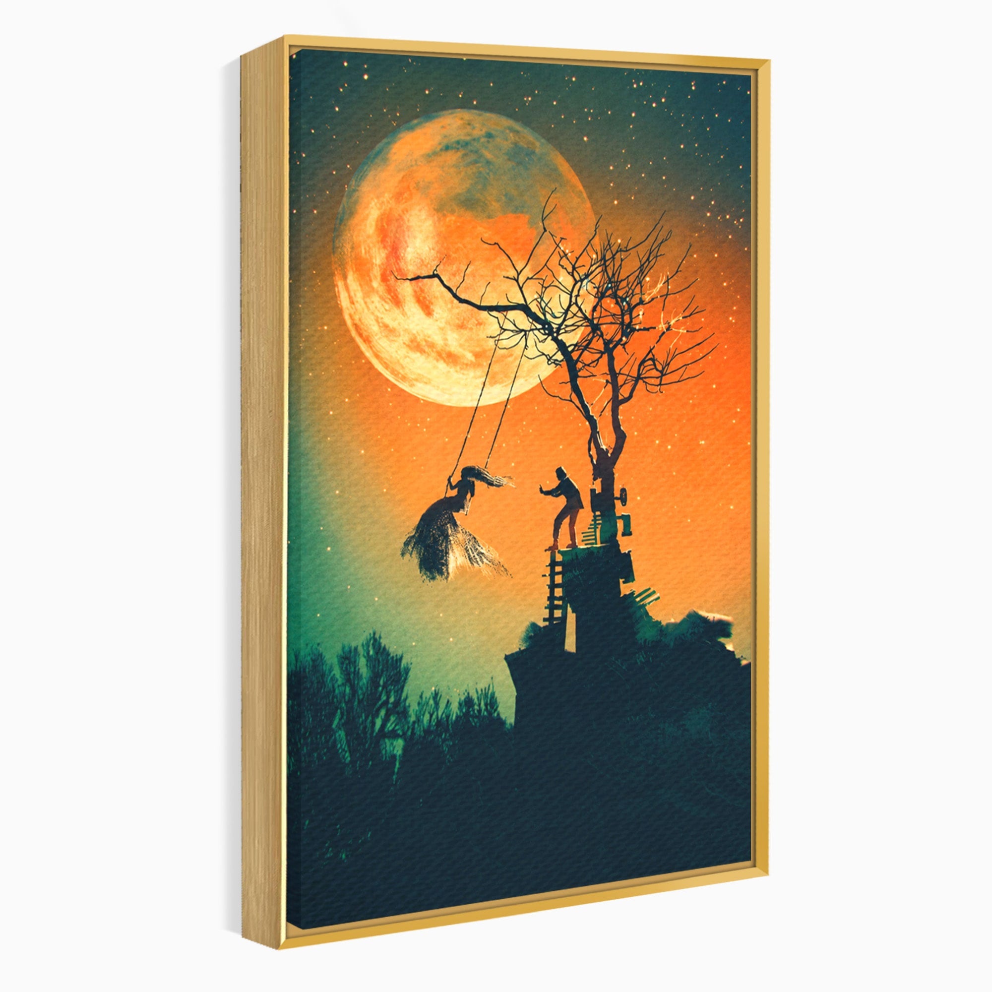 Tablou Canvas Premium LuxCanva® S1044, Balansoar Sub Luna Plina, Balansoar, Luna, Copac, Noapte, Living, Culori Vibrante