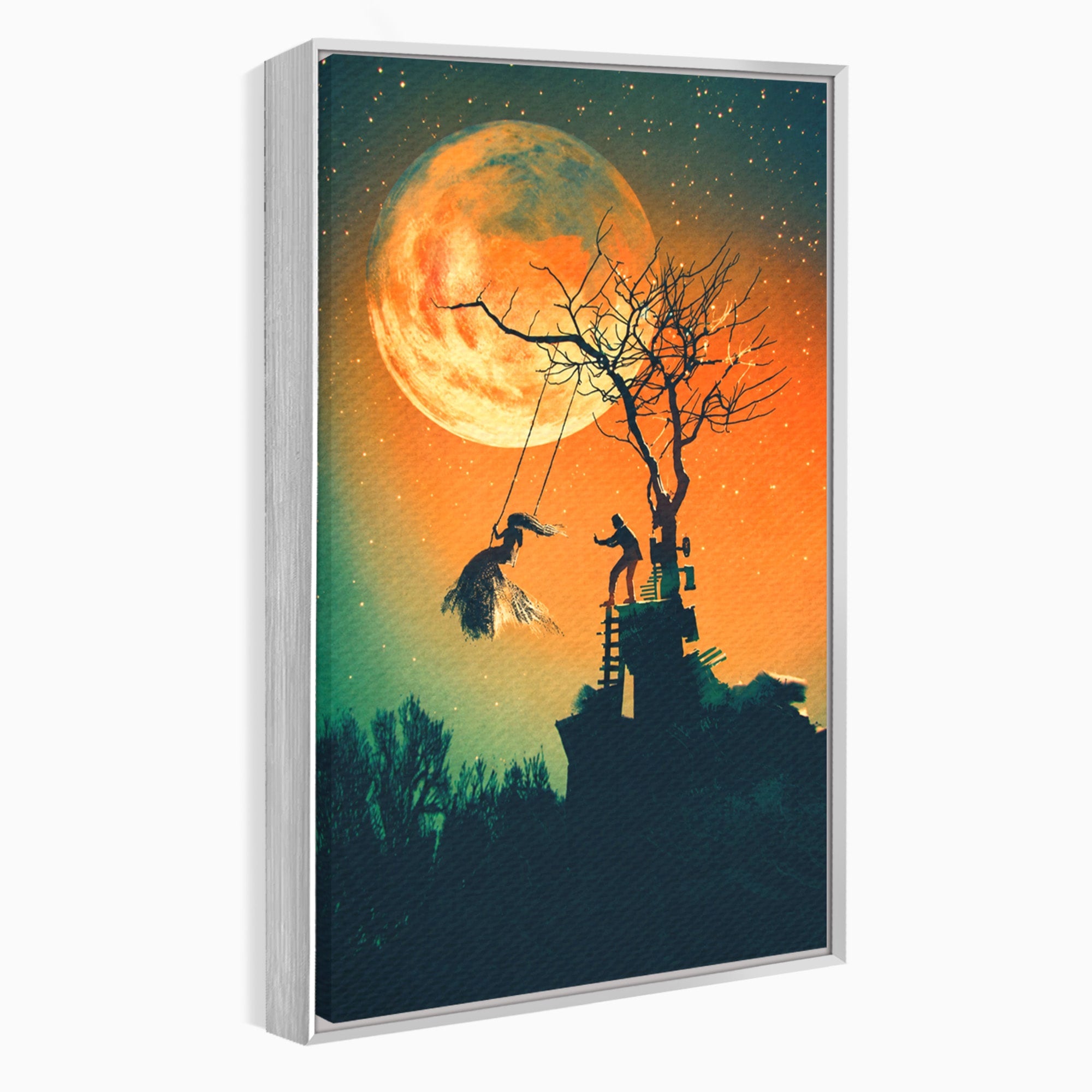 Tablou Canvas Premium LuxCanva® S1044, Balansoar Sub Luna Plina, Balansoar, Luna, Copac, Noapte, Living, Culori Vibrante