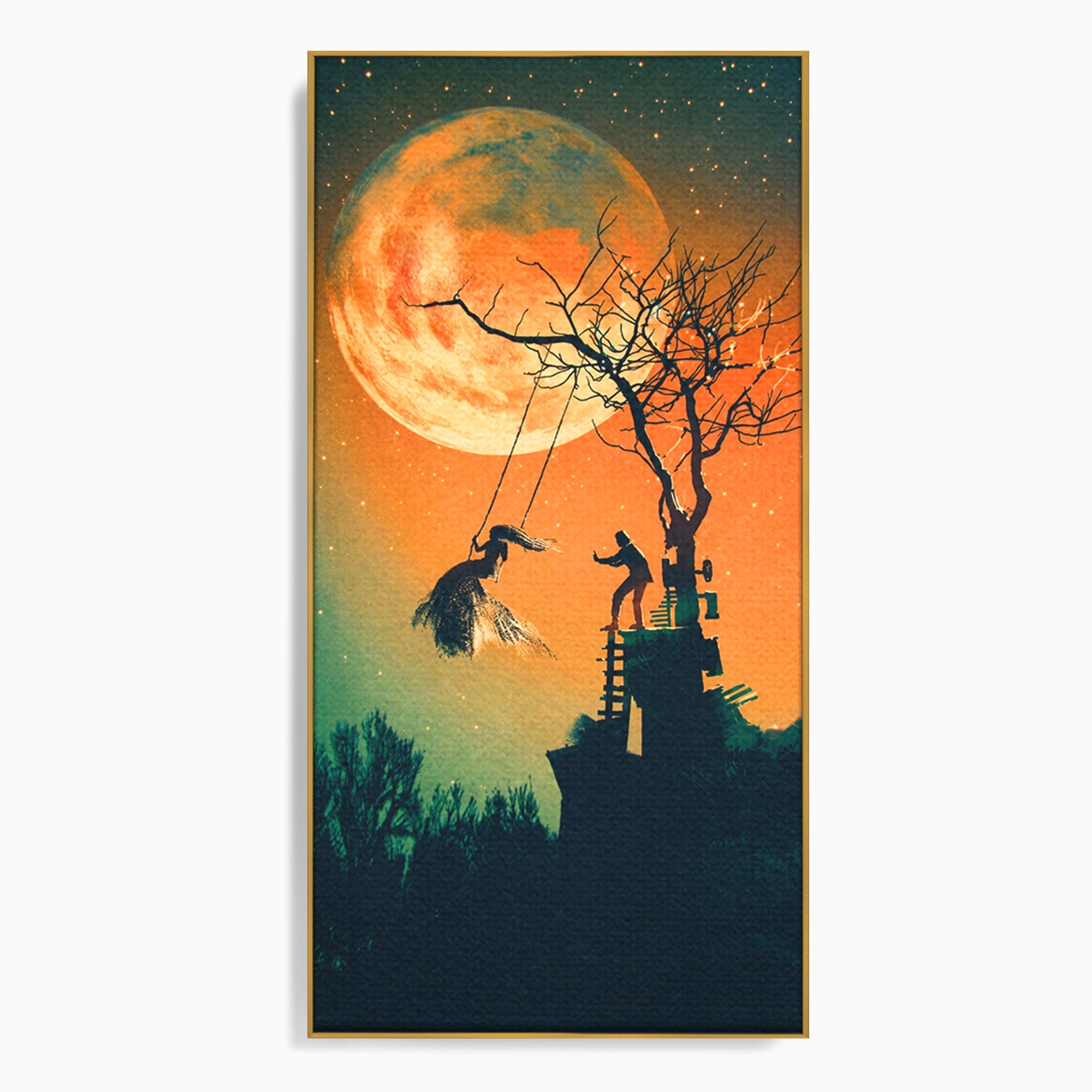 Tablou Canvas Premium LuxCanva® S1044, Balansoar Sub Luna Plina, Balansoar, Luna, Copac, Noapte, Living, Culori Vibrante