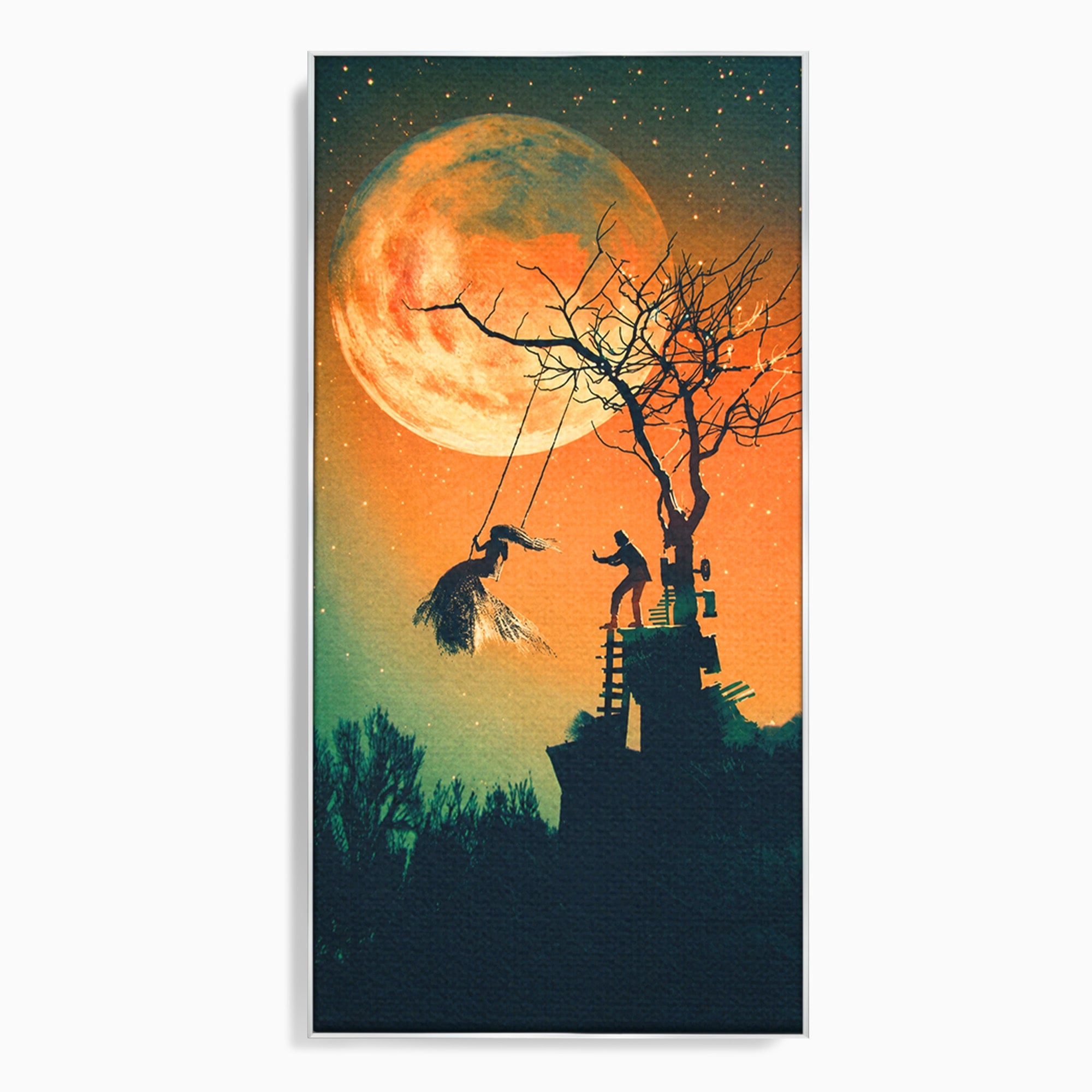 Tablou Canvas Premium LuxCanva® S1044, Balansoar Sub Luna Plina, Balansoar, Luna, Copac, Noapte, Living, Culori Vibrante