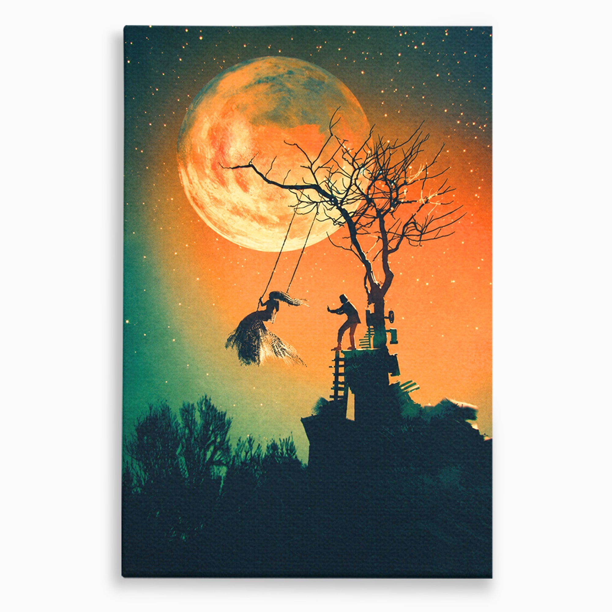 Tablou Canvas Premium LuxCanva® S1044, Balansoar Sub Luna Plina, Balansoar, Luna, Copac, Noapte, Living, Culori Vibrante