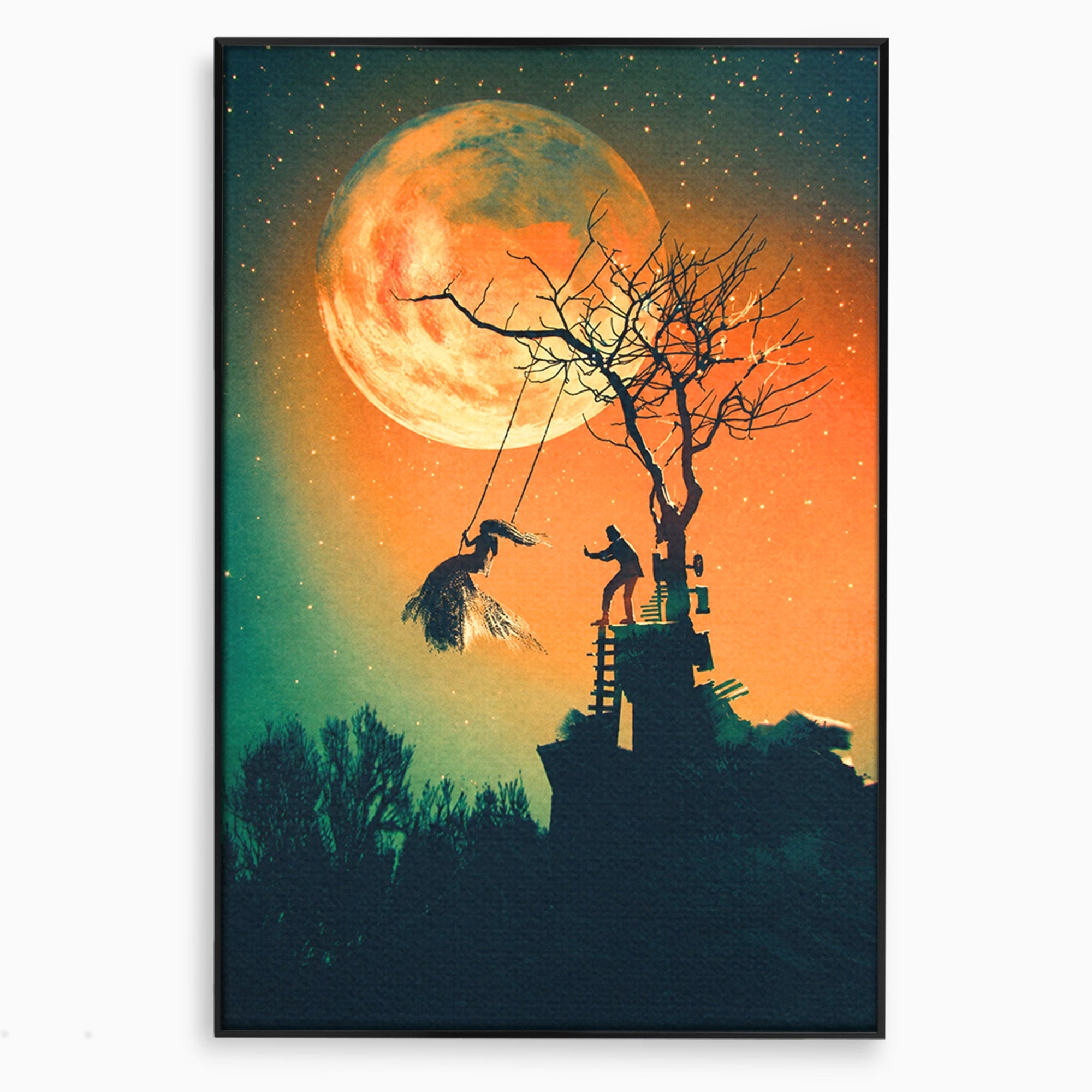 Tablou Canvas Premium LuxCanva® S1044, Balansoar Sub Luna Plina, Balansoar, Luna, Copac, Noapte, Living, Culori Vibrante