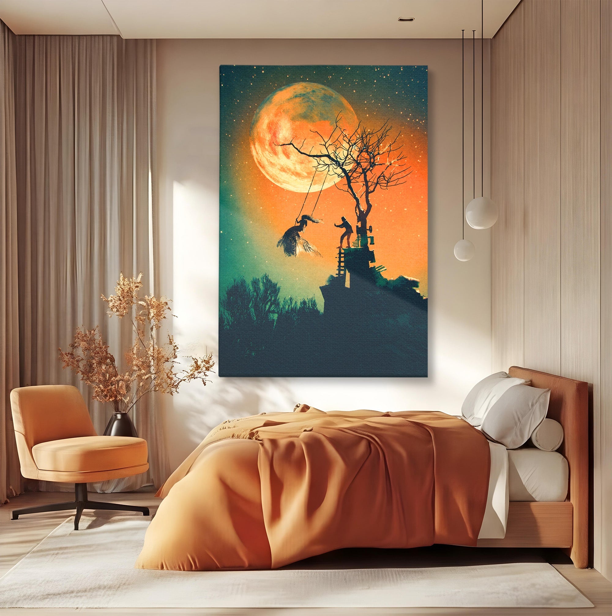 Tablou Canvas Premium LuxCanva® S1044, Balansoar Sub Luna Plina, Balansoar, Luna, Copac, Noapte, Living, Culori Vibrante