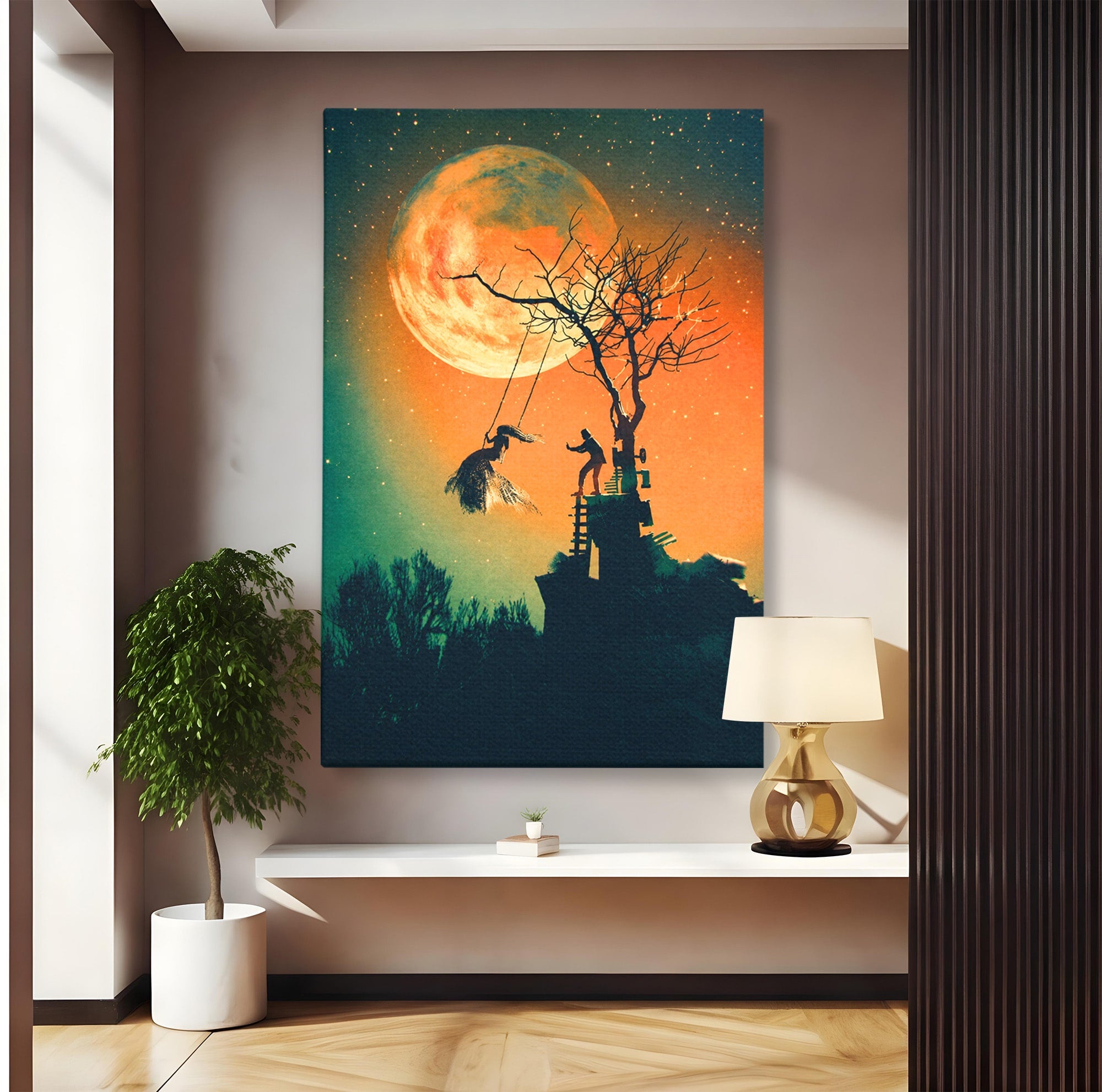 Tablou Canvas Premium LuxCanva® S1044, Balansoar Sub Luna Plina, Balansoar, Luna, Copac, Noapte, Living, Culori Vibrante