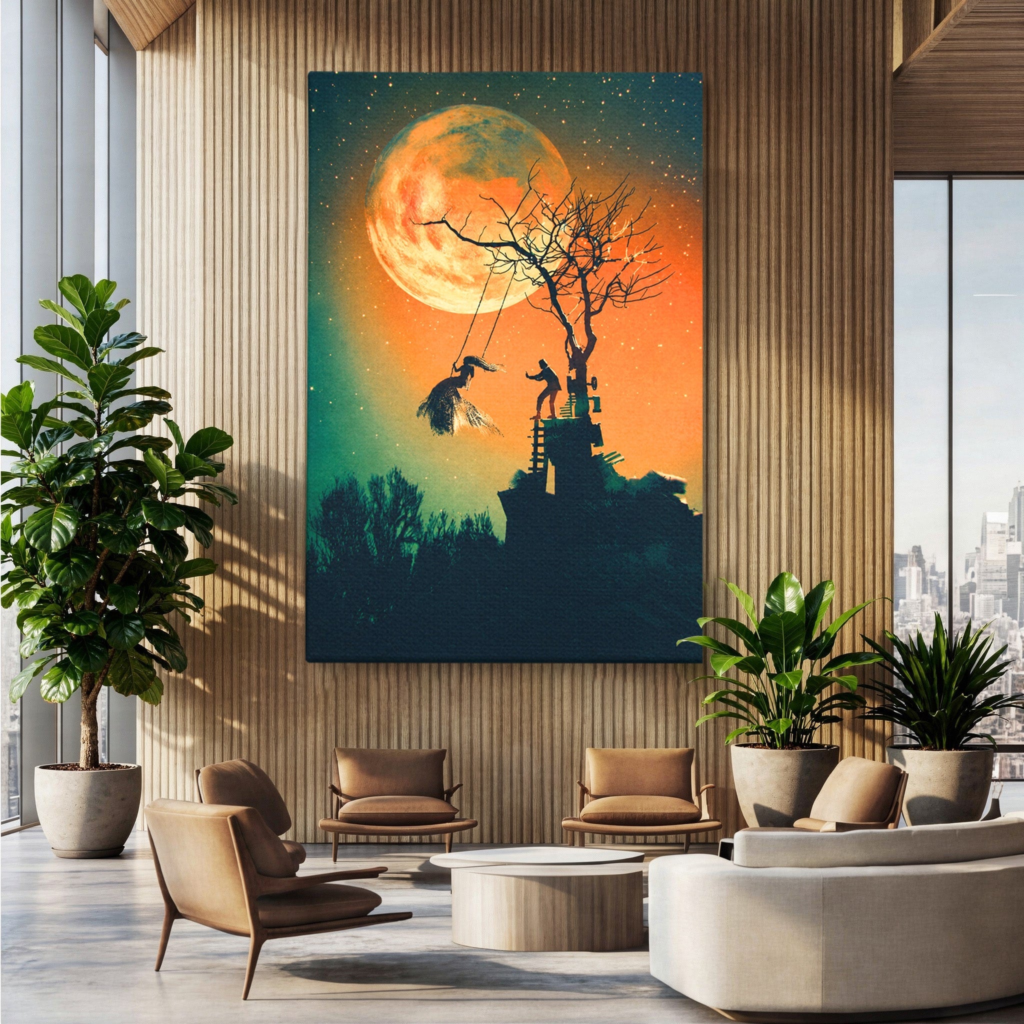 Tablou Canvas Premium LuxCanva® S1044, Balansoar Sub Luna Plina, Balansoar, Luna, Copac, Noapte, Living, Culori Vibrante
