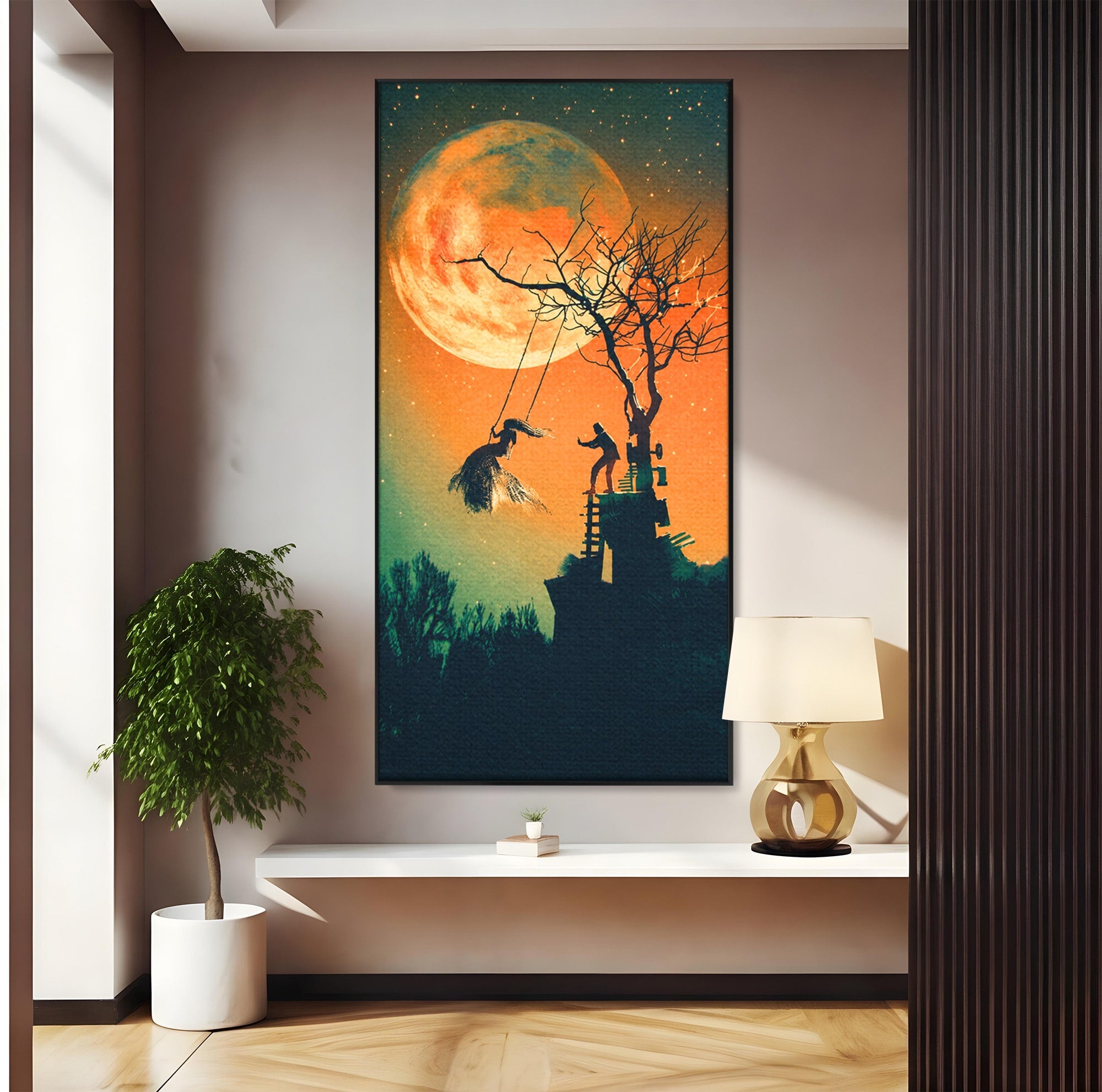 Tablou Canvas Premium LuxCanva® S1044, Balansoar Sub Luna Plina, Balansoar, Luna, Copac, Noapte, Living, Culori Vibrante