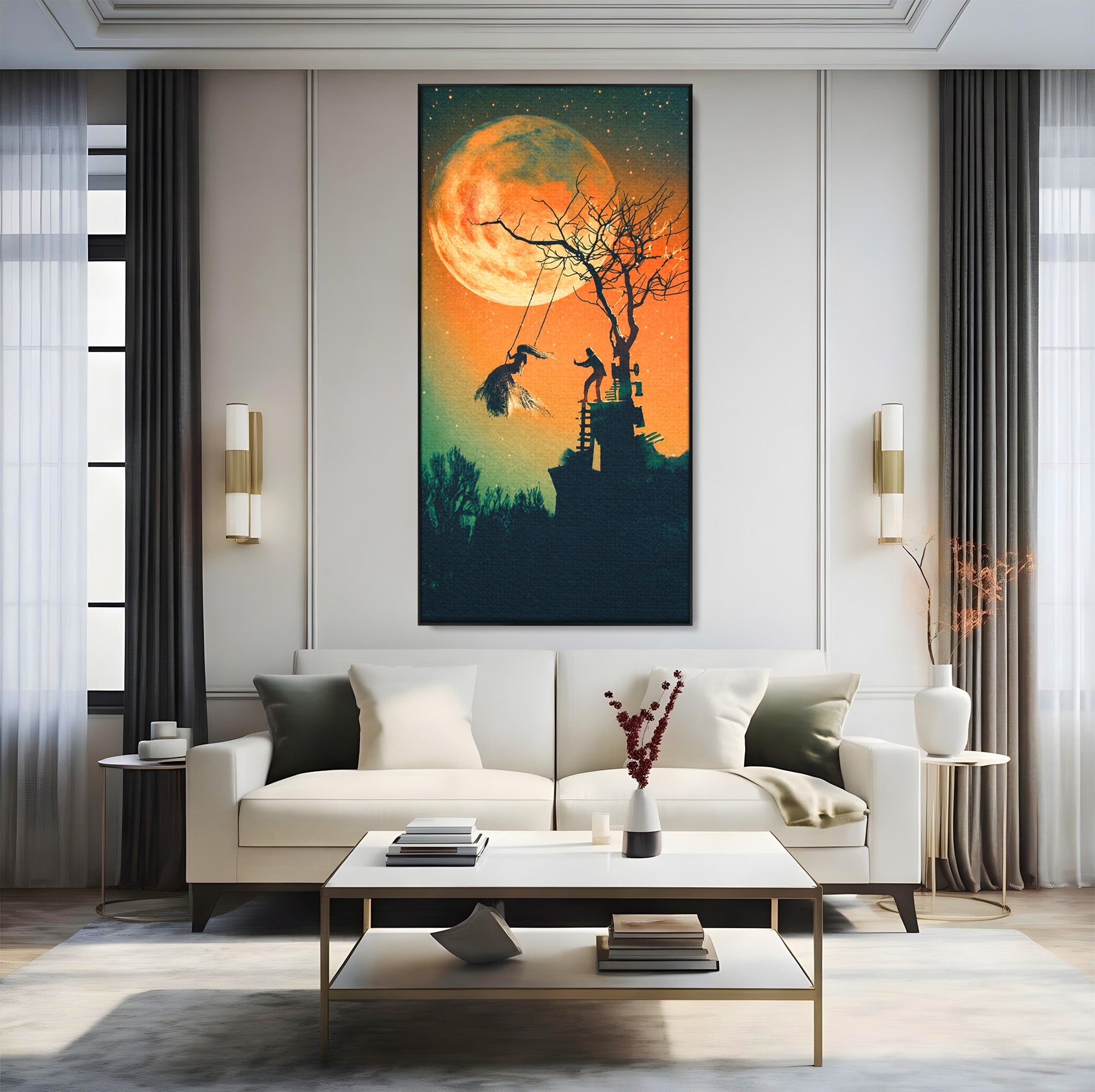 Tablou Canvas Premium LuxCanva® S1044, Balansoar Sub Luna Plina, Balansoar, Luna, Copac, Noapte, Living, Culori Vibrante