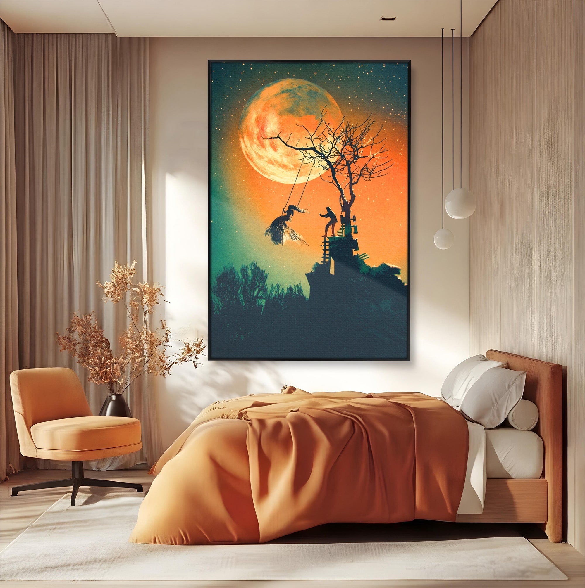 Tablou Canvas Premium LuxCanva® S1044, Balansoar Sub Luna Plina, Balansoar, Luna, Copac, Noapte, Living, Culori Vibrante