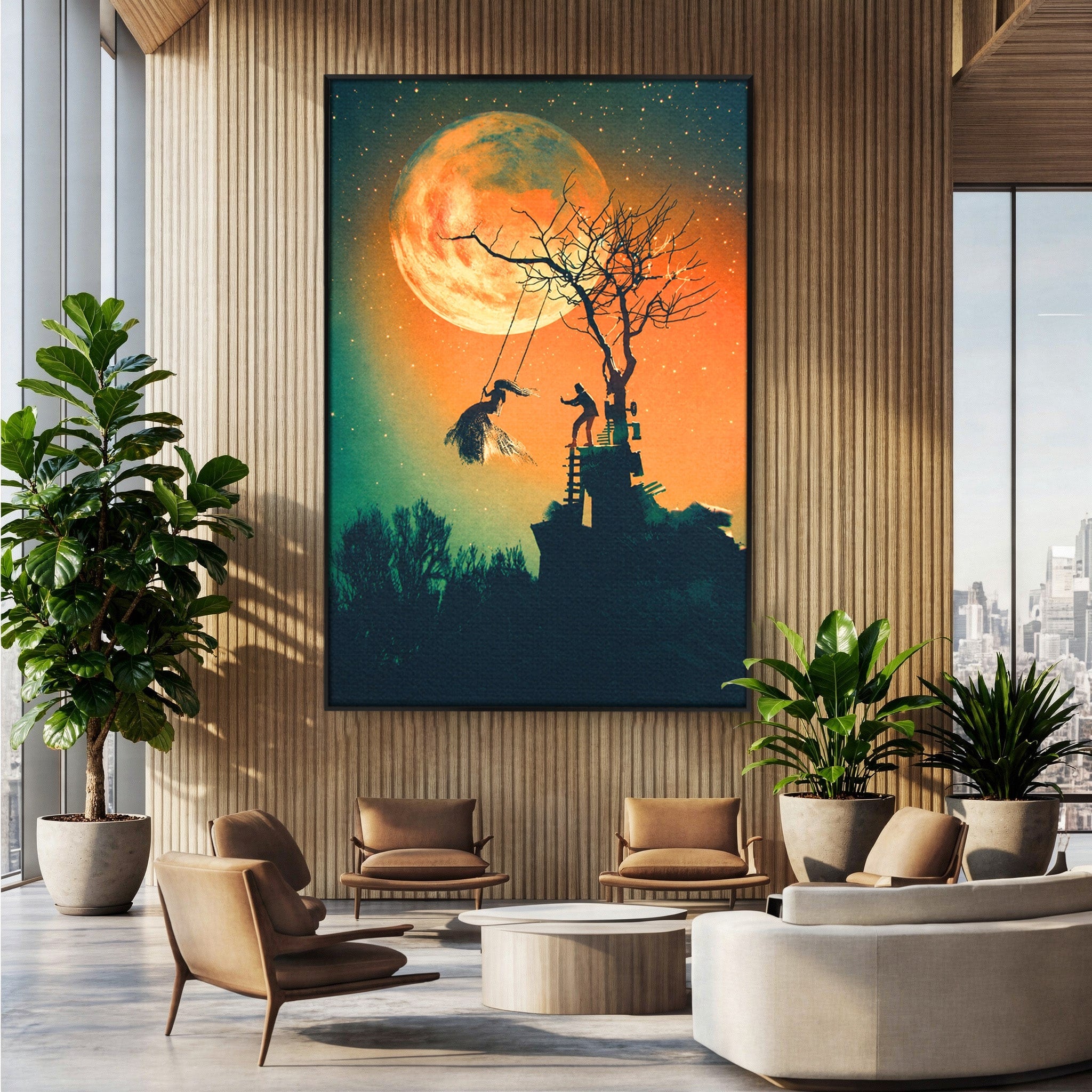 Tablou Canvas Premium LuxCanva® S1044, Balansoar Sub Luna Plina, Balansoar, Luna, Copac, Noapte, Living, Culori Vibrante