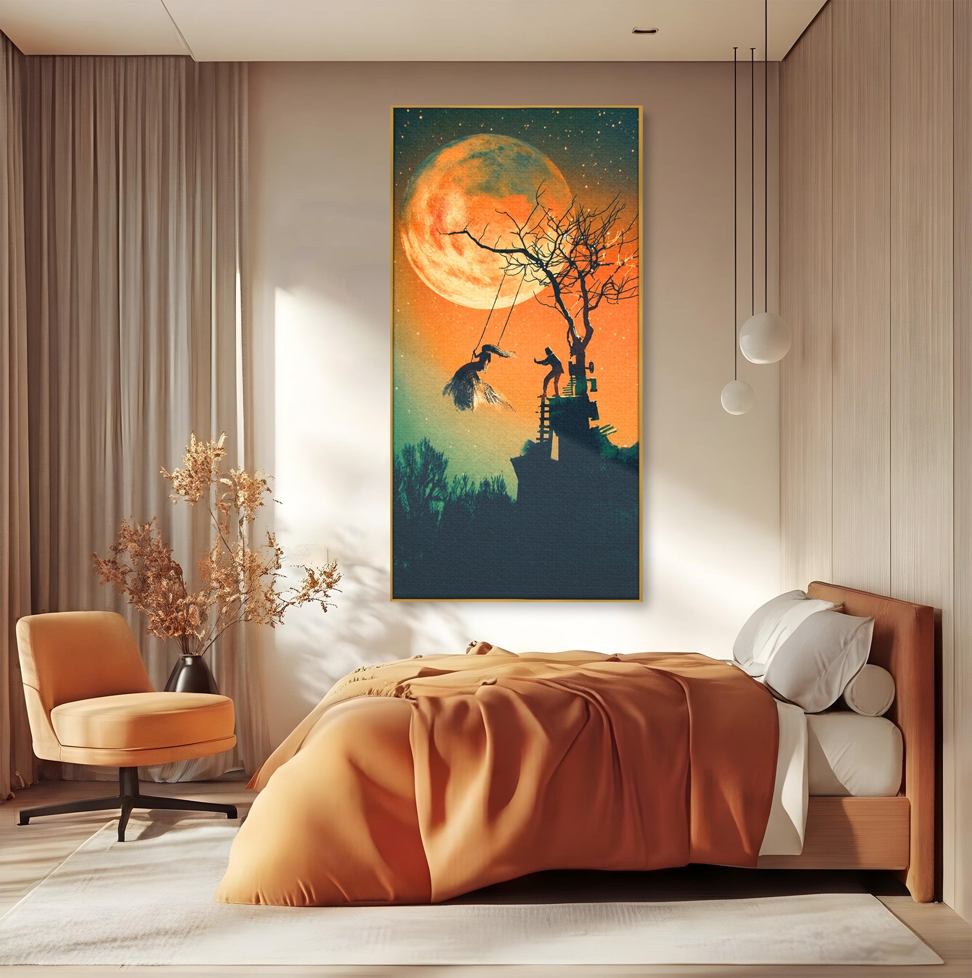 Tablou Canvas Premium LuxCanva® S1044, Balansoar Sub Luna Plina, Balansoar, Luna, Copac, Noapte, Living, Culori Vibrante