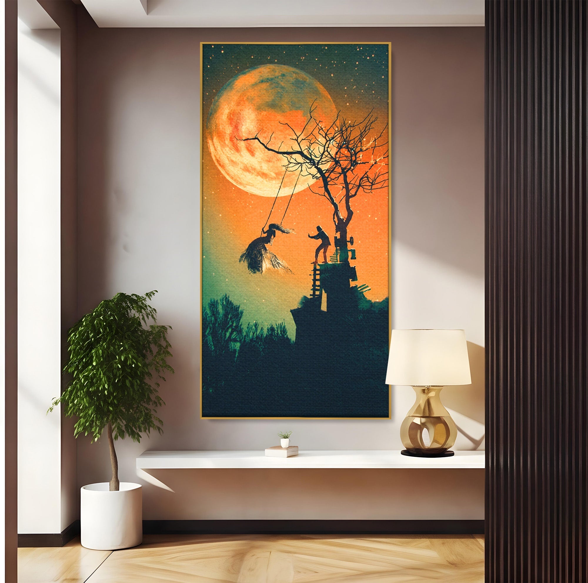 Tablou Canvas Premium LuxCanva® S1044, Balansoar Sub Luna Plina, Balansoar, Luna, Copac, Noapte, Living, Culori Vibrante
