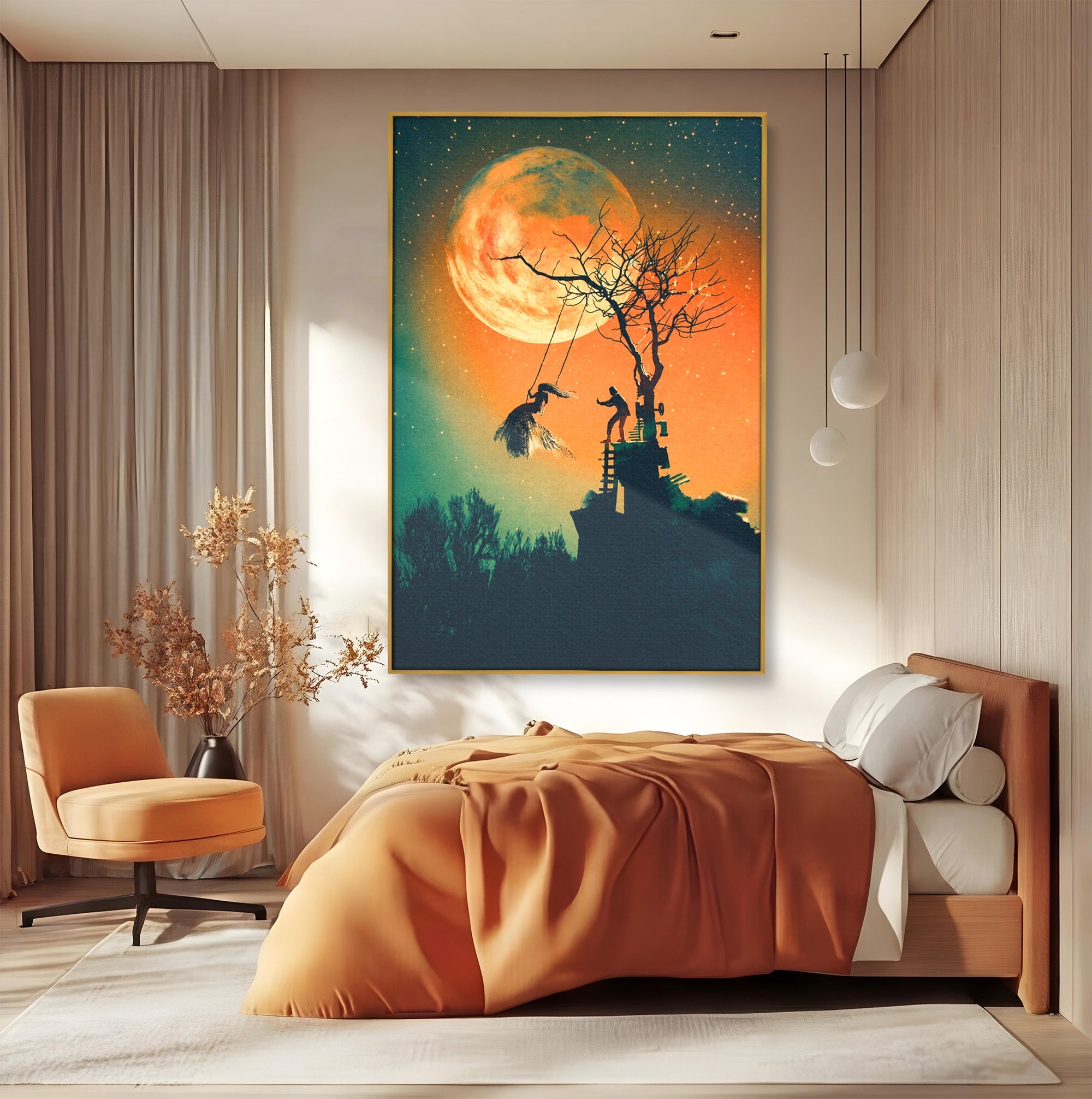 Tablou Canvas Premium LuxCanva® S1044, Balansoar Sub Luna Plina, Balansoar, Luna, Copac, Noapte, Living, Culori Vibrante