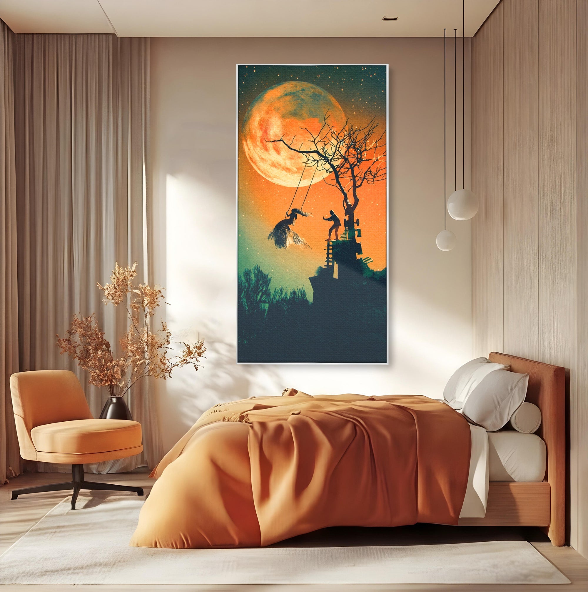 Tablou Canvas Premium LuxCanva® S1044, Balansoar Sub Luna Plina, Balansoar, Luna, Copac, Noapte, Living, Culori Vibrante