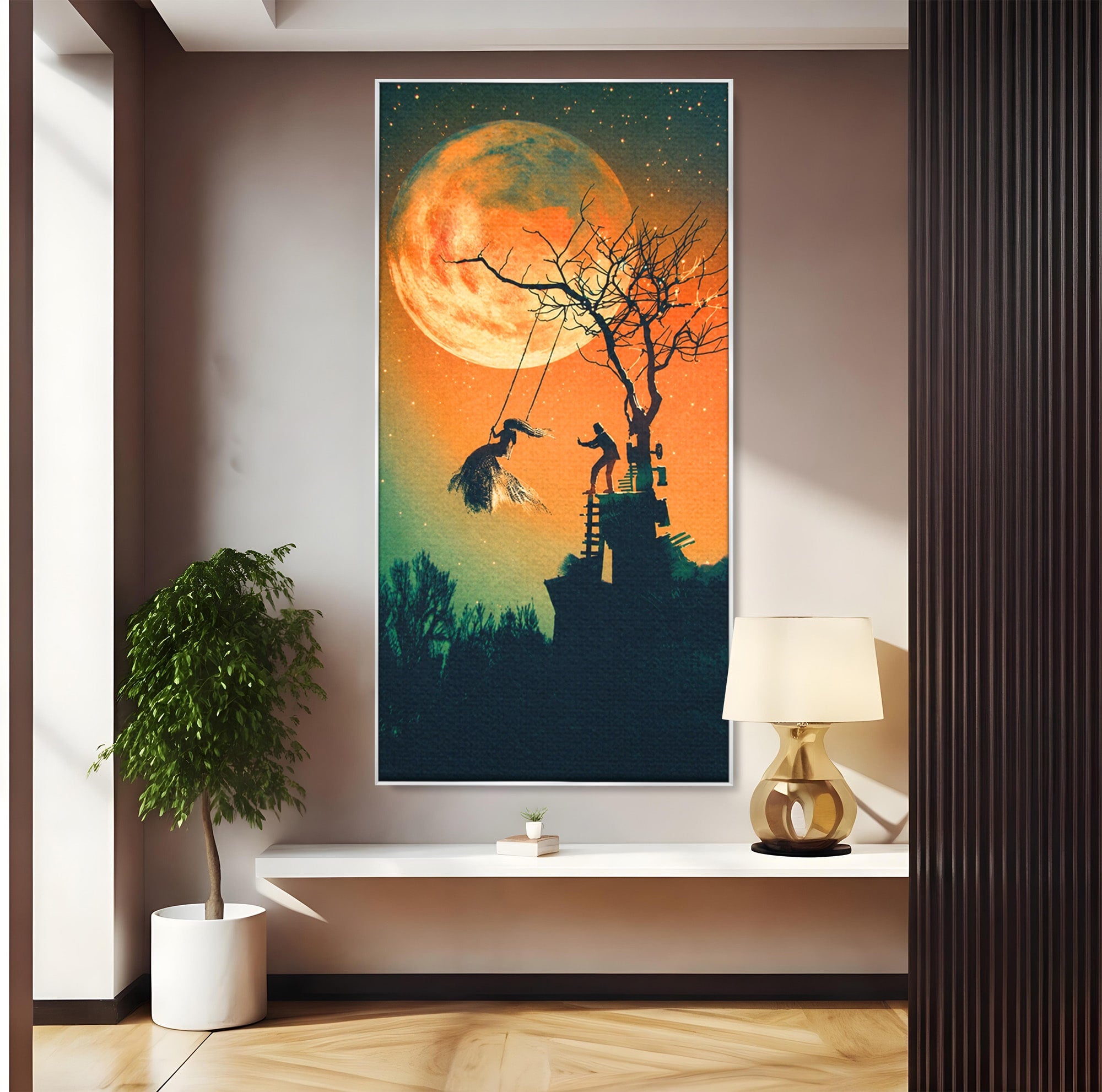 Tablou Canvas Premium LuxCanva® S1044, Balansoar Sub Luna Plina, Balansoar, Luna, Copac, Noapte, Living, Culori Vibrante
