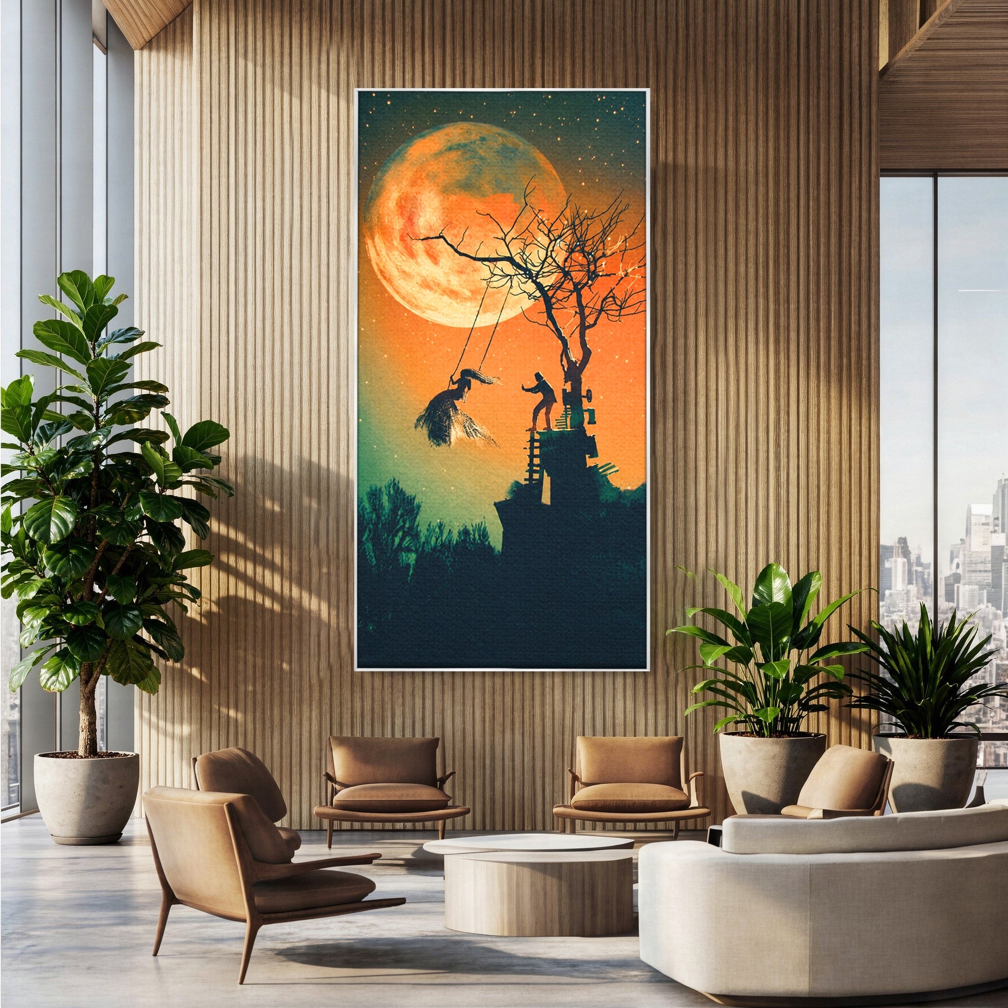 Tablou Canvas Premium LuxCanva® S1044, Balansoar Sub Luna Plina, Balansoar, Luna, Copac, Noapte, Living, Culori Vibrante