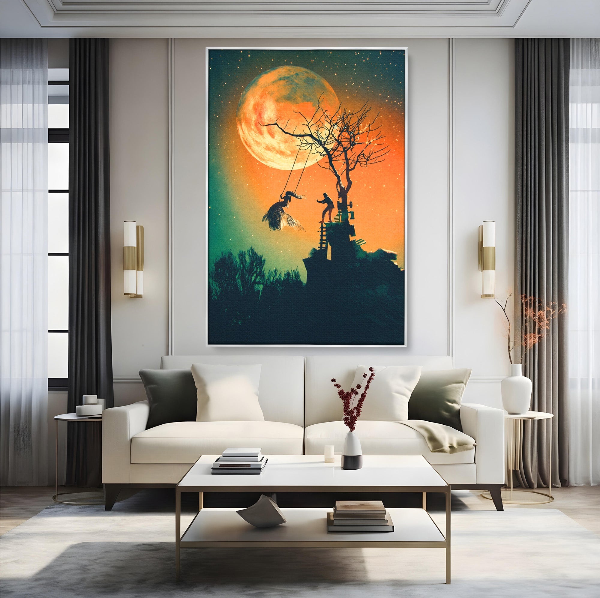Tablou Canvas Premium LuxCanva® S1044, Balansoar Sub Luna Plina, Balansoar, Luna, Copac, Noapte, Living, Culori Vibrante