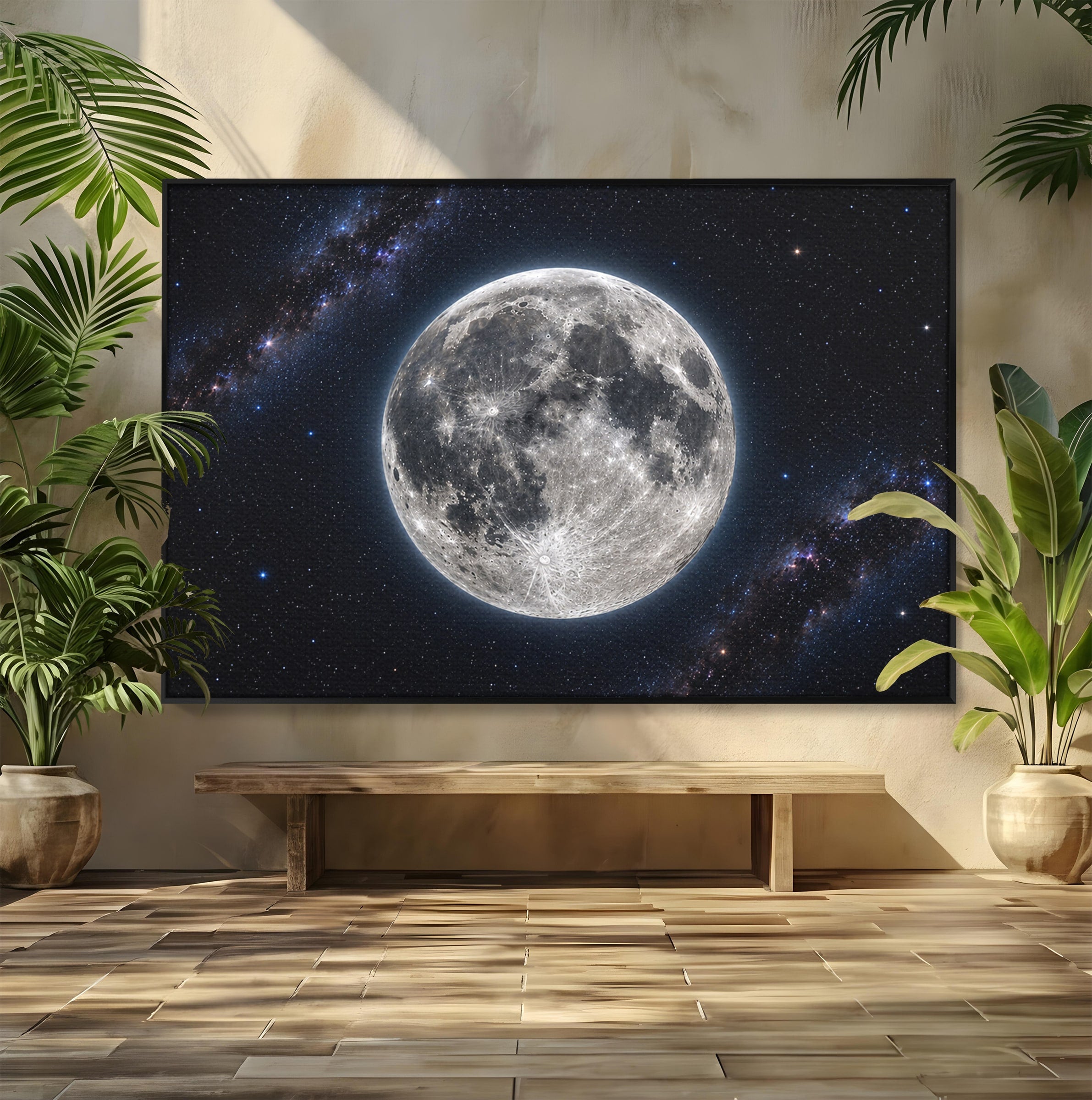 Tablou Canvas Premium LuxCanva® S1050, Luna Plina, Luna, Spatiu, Noapte, Astronomie, Dormitor, Culori Vibrante
