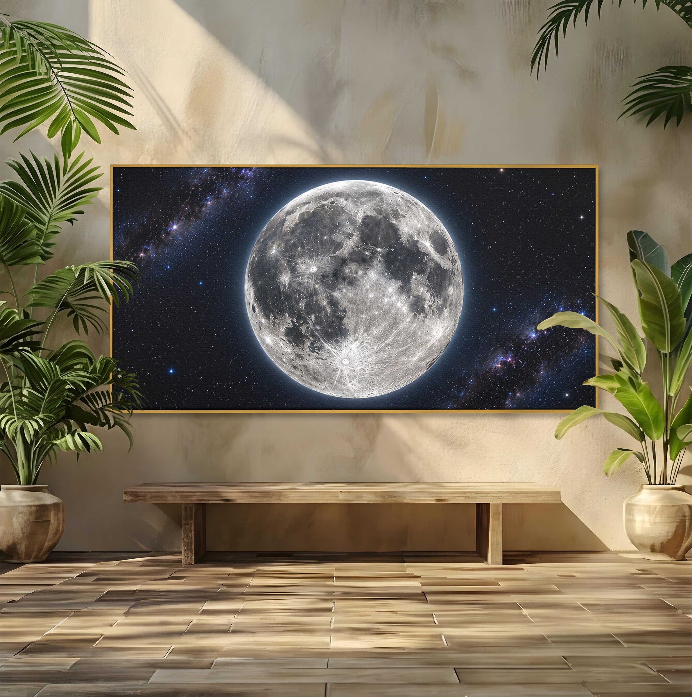 Tablou Canvas Premium LuxCanva® S1050, Luna Plina, Luna, Spatiu, Noapte, Astronomie, Dormitor, Culori Vibrante