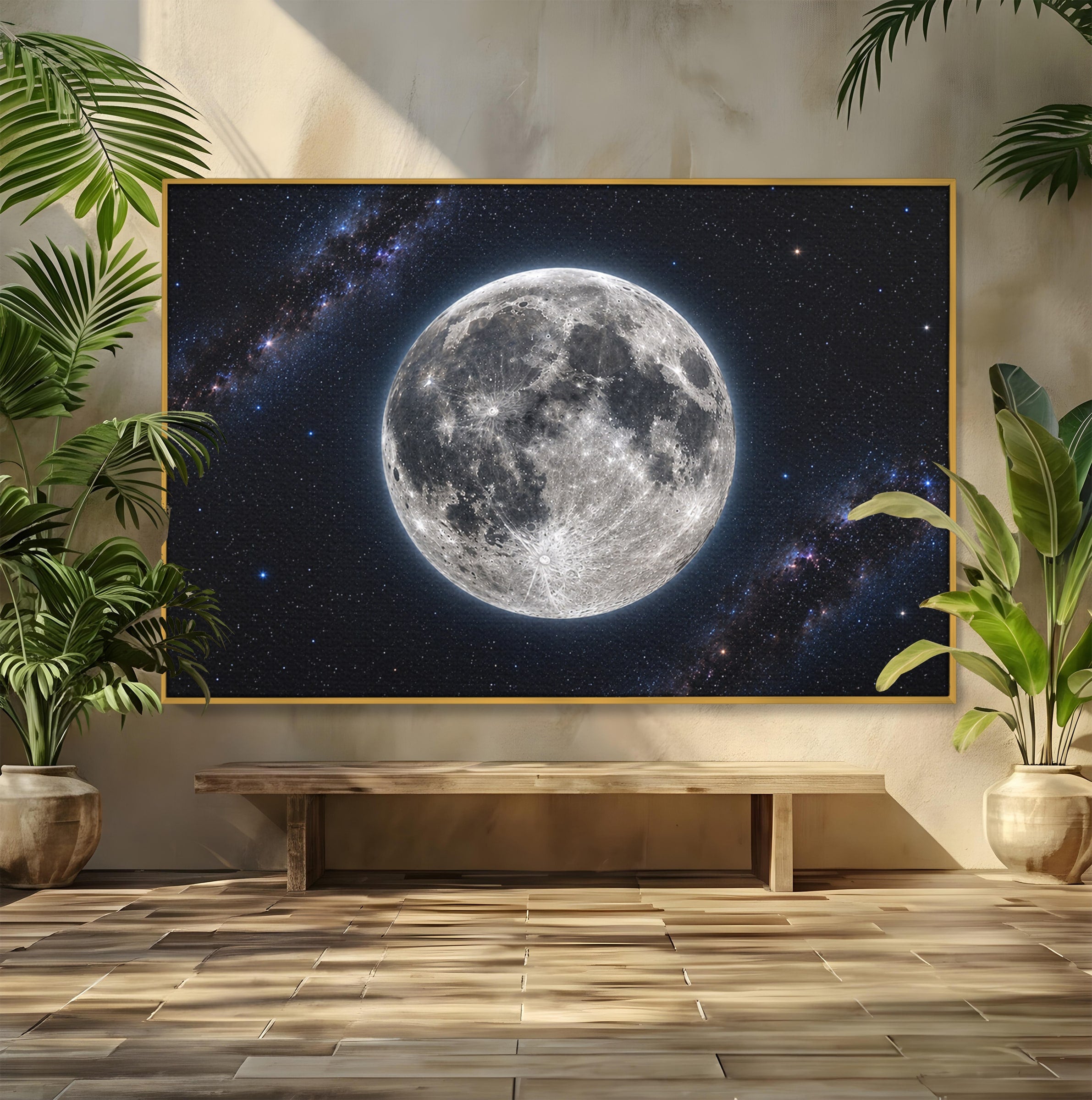 Tablou Canvas Premium LuxCanva® S1050, Luna Plina, Luna, Spatiu, Noapte, Astronomie, Dormitor, Culori Vibrante