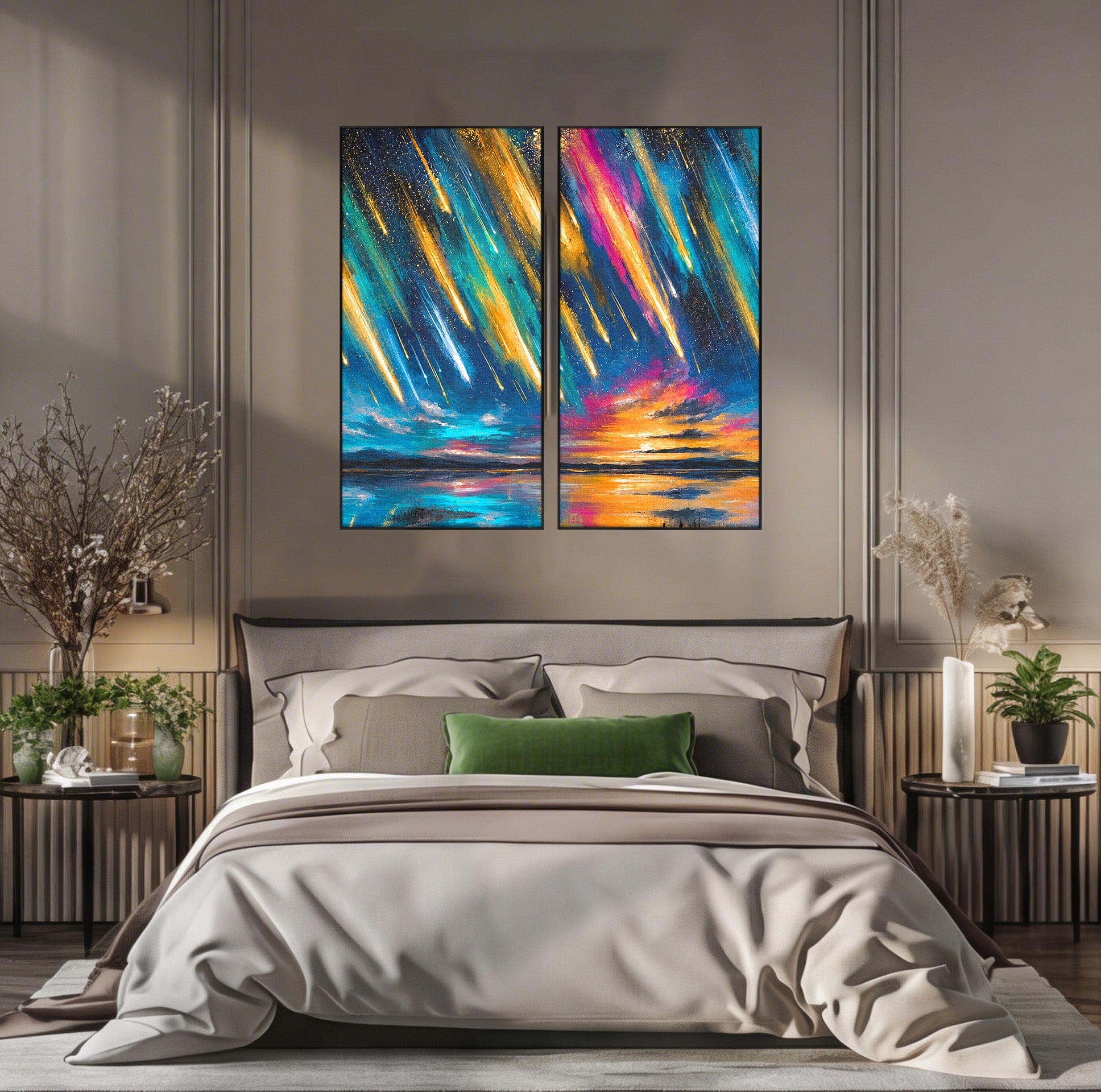 Set 2 Tablouri Canvas Premium LuxCanva® S2-1030, Ploua Cu Stele, Stele, Cer, Peisaj, Apus, Living, Culori Vibrante