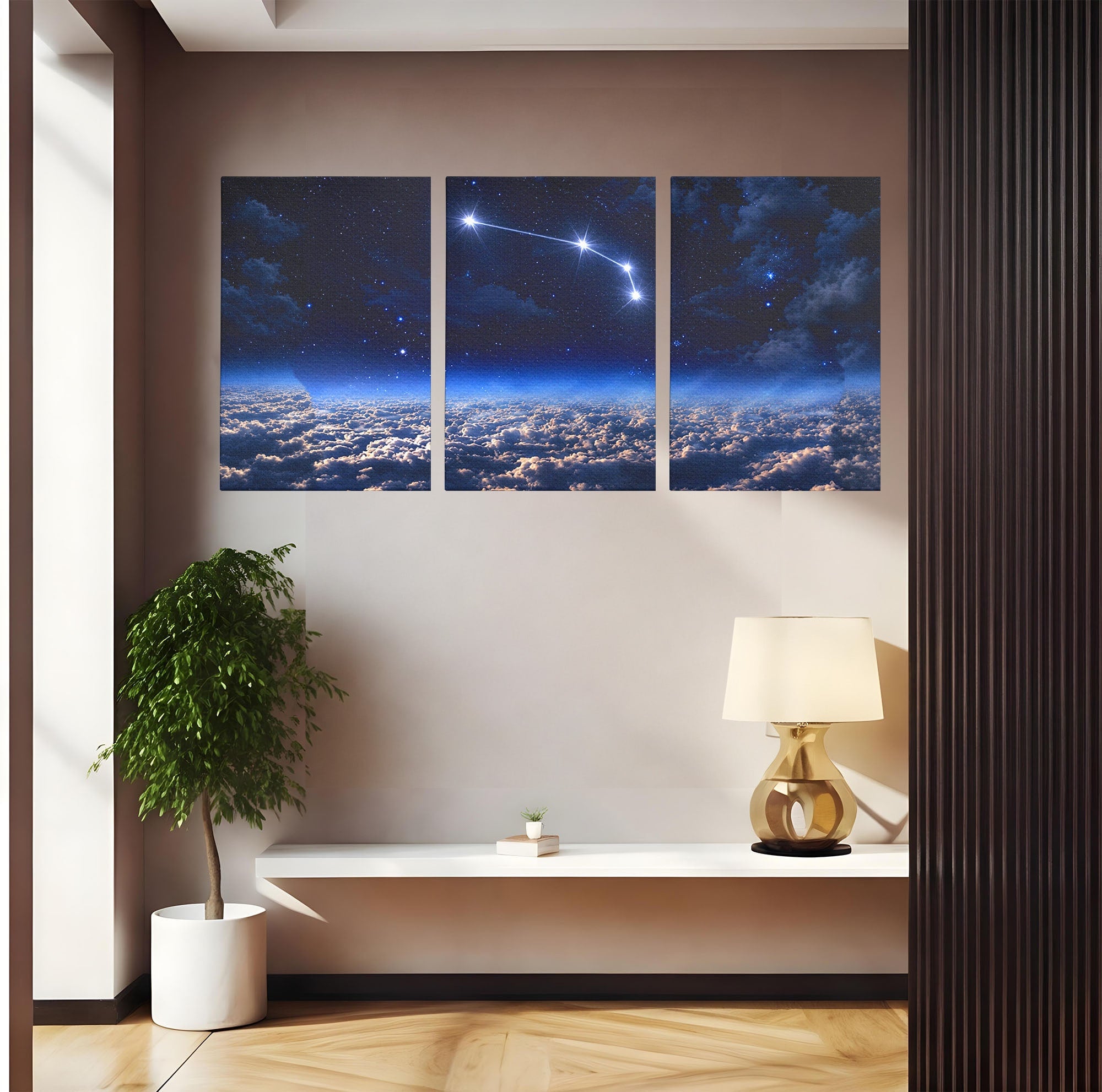 Set 3 Tablouri Canvas Premium LuxCanva® S3-1014, Constelatie Deasupra Norilor, Constelatie, Nori, Noapte, Cer, Dormitor, Culori Vibrante