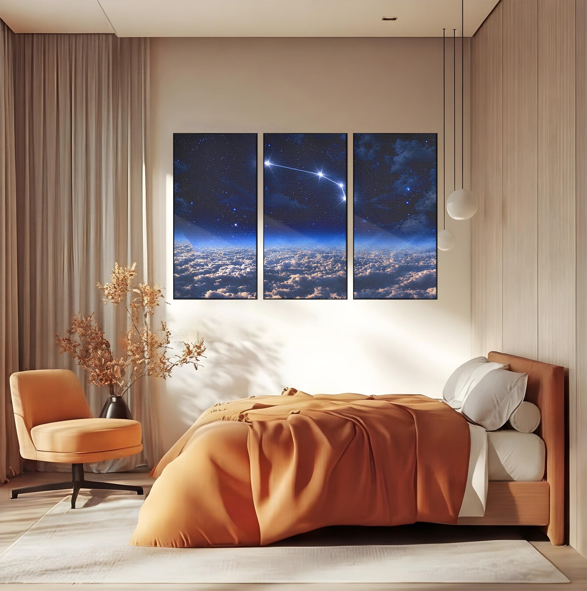 Set 3 Tablouri Canvas Premium LuxCanva® S3-1014, Constelatie Deasupra Norilor, Constelatie, Nori, Noapte, Cer, Dormitor, Culori Vibrante