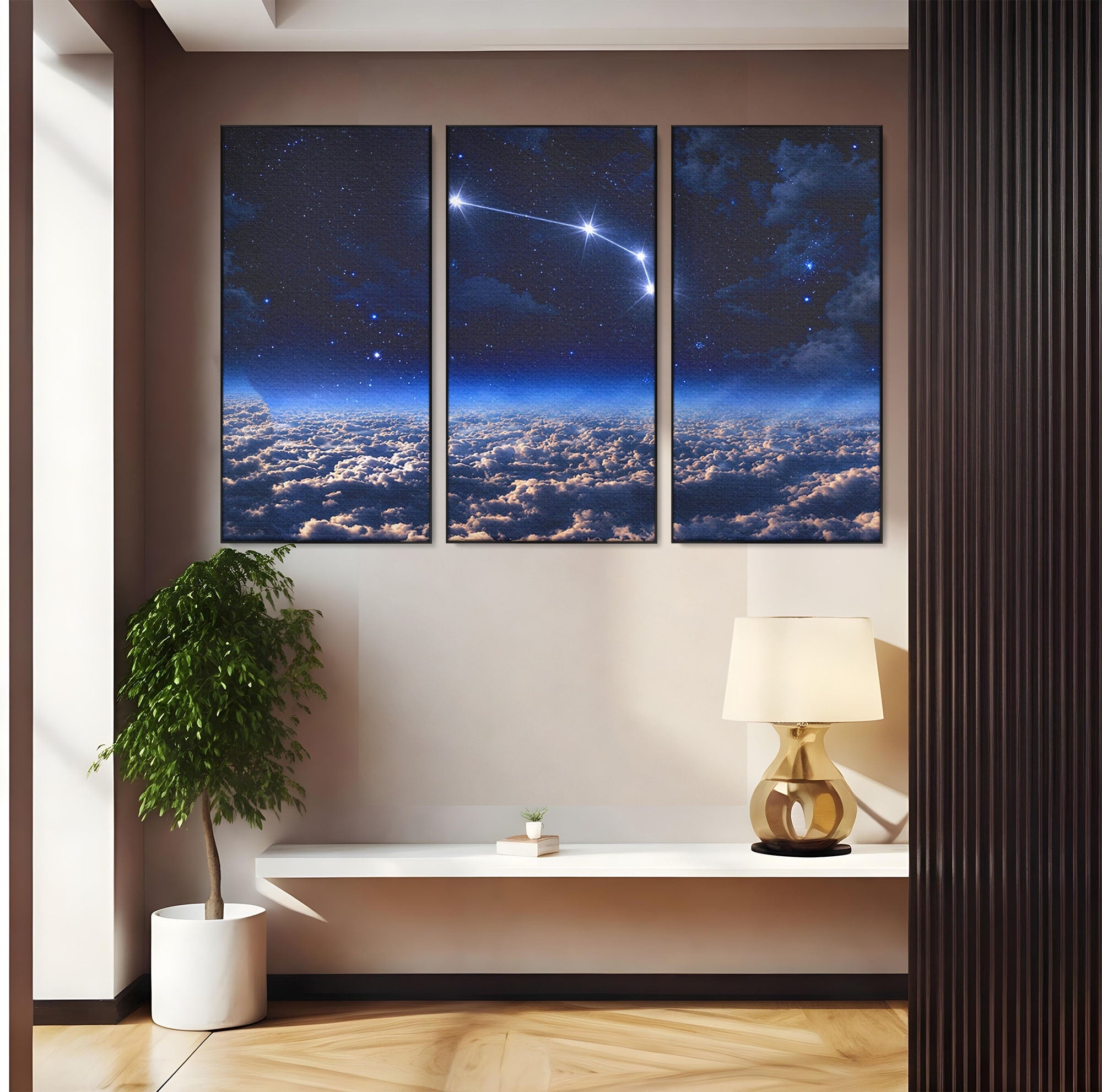 Set 3 Tablouri Canvas Premium LuxCanva® S3-1014, Constelatie Deasupra Norilor, Constelatie, Nori, Noapte, Cer, Dormitor, Culori Vibrante